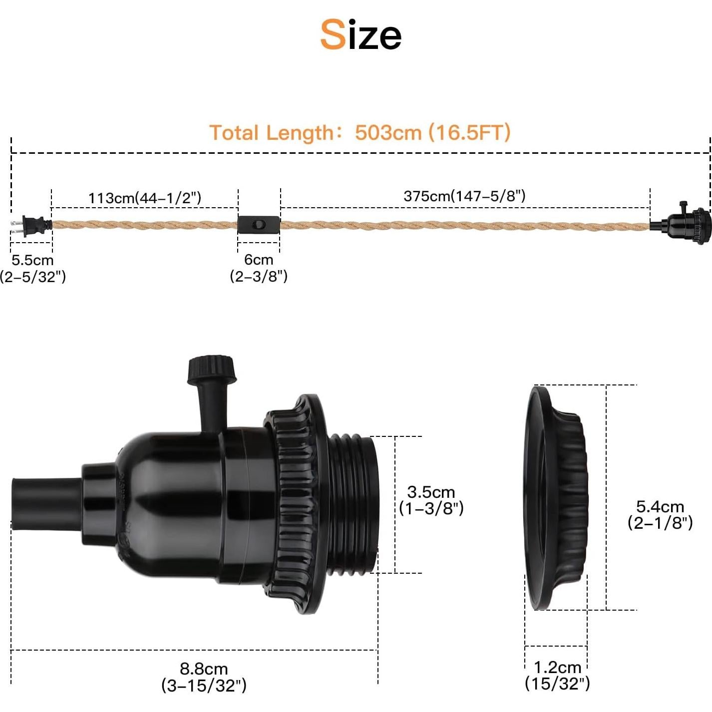 Kit de Luz Colgante 5m Zevnico E26 con Interruptor y Ganchos