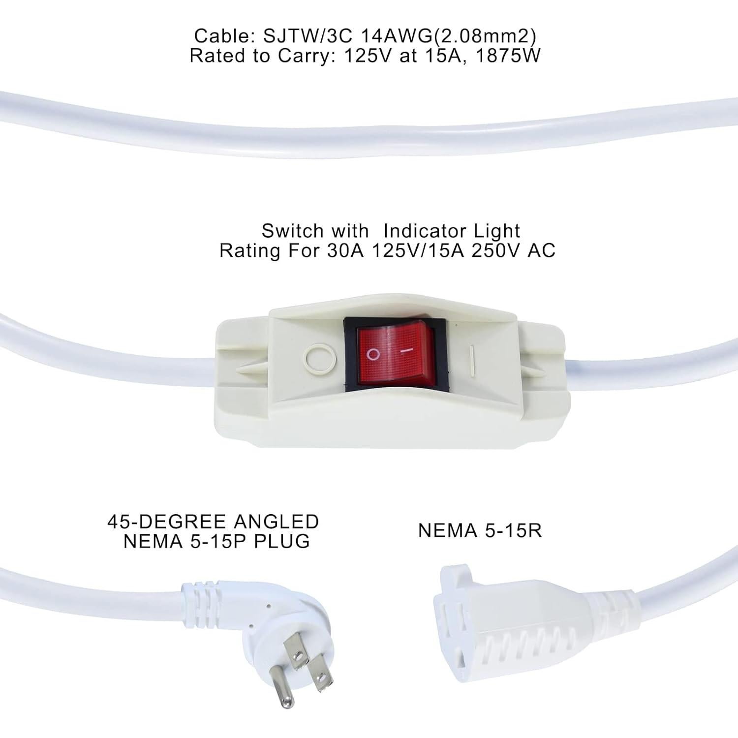 Cable de Extensión Corto SJTW 2FT con Interruptor Blanco 15A