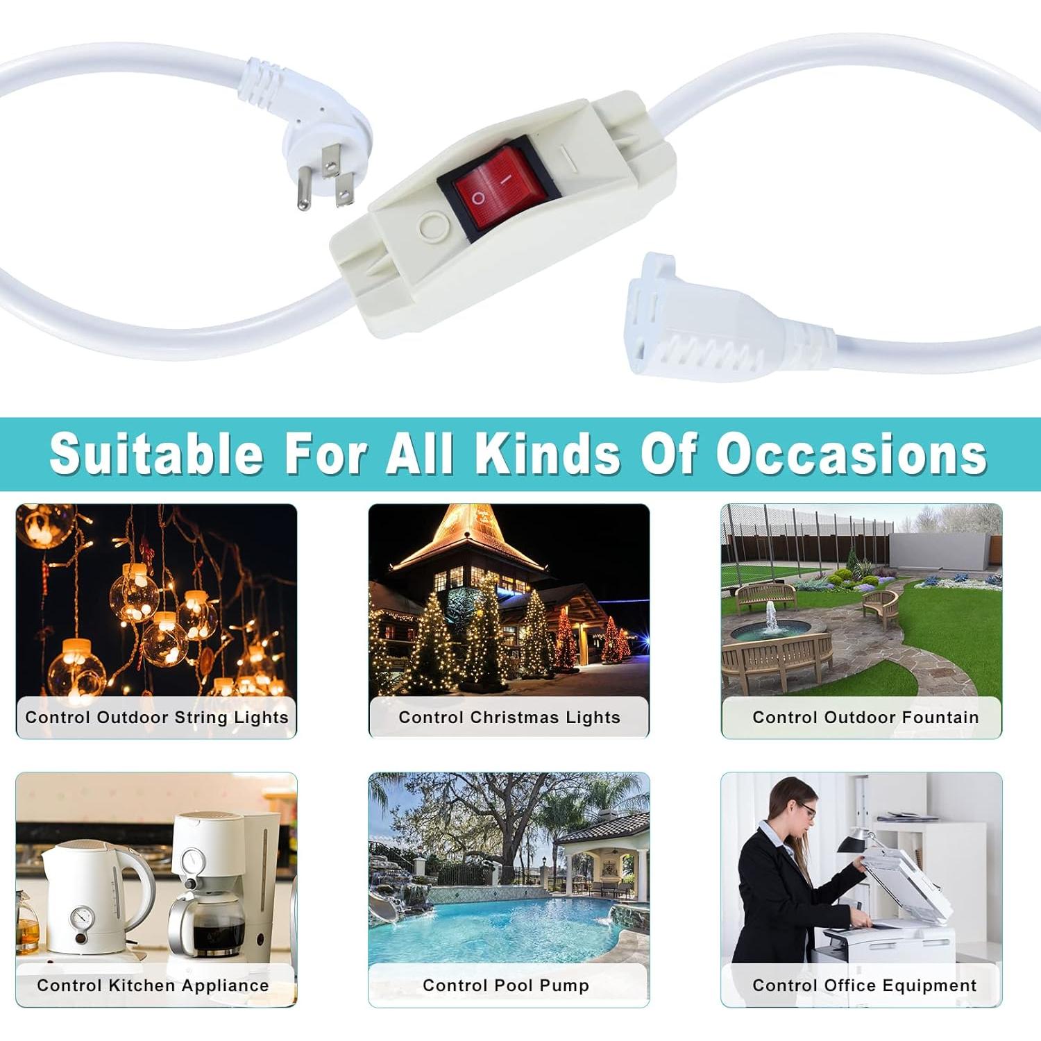 Cable de Extensión Corto SJTW 2FT con Interruptor Blanco 15A