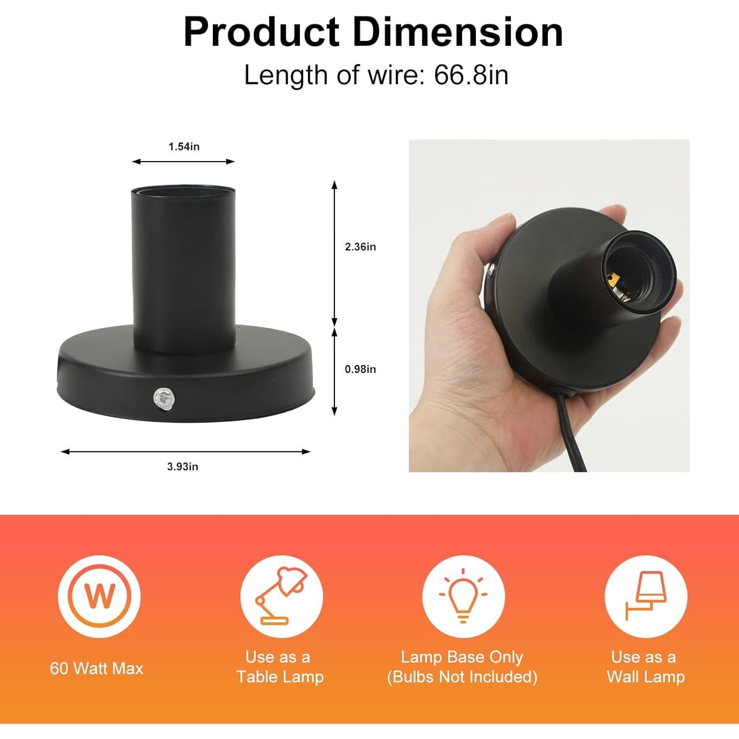 Portalámparas de Metal GYDQVPS E26/E27 con Cable 1.7m Negro