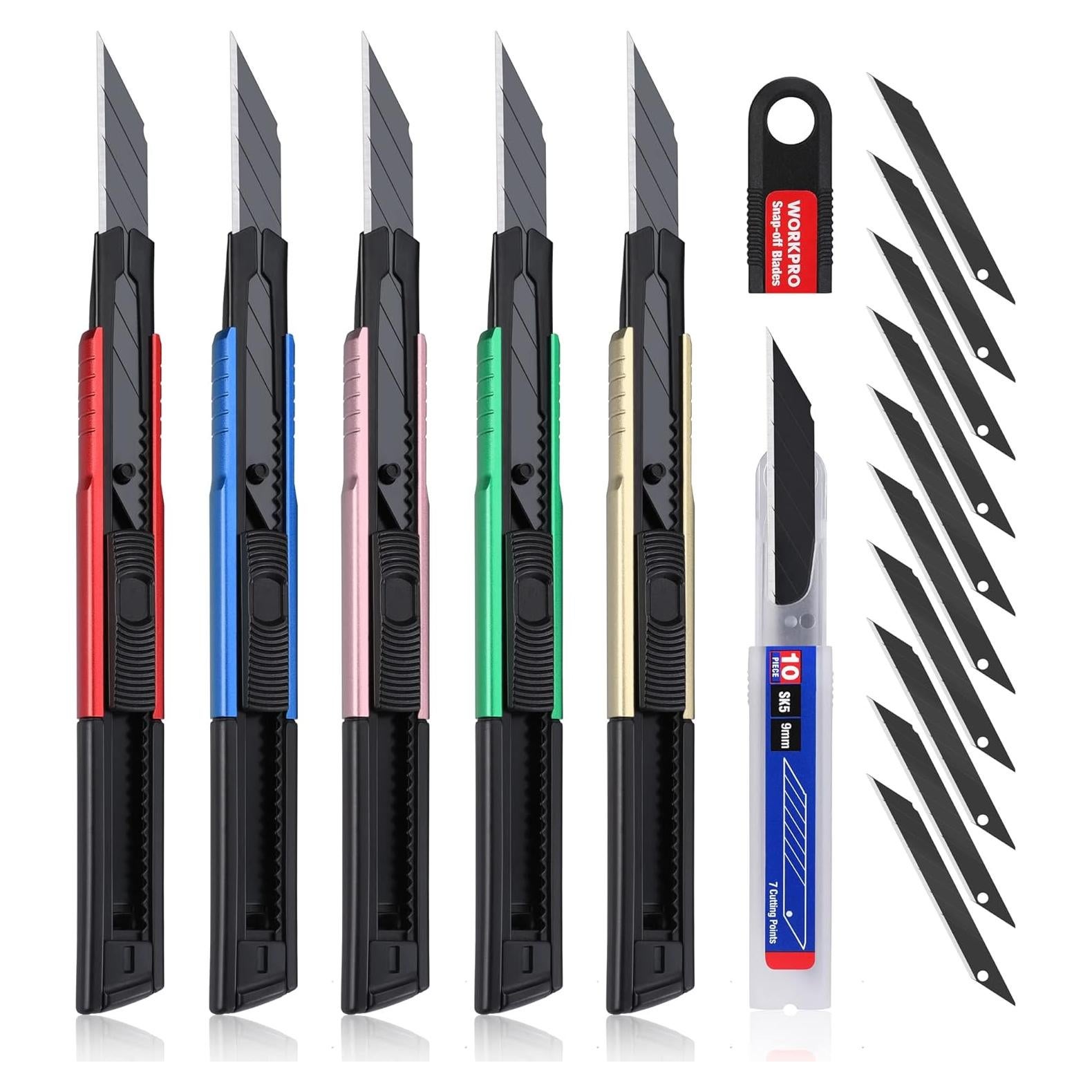 Cuchillo Utility WORKPRO Retráctil con 10 Hojas Extra - Set de 5