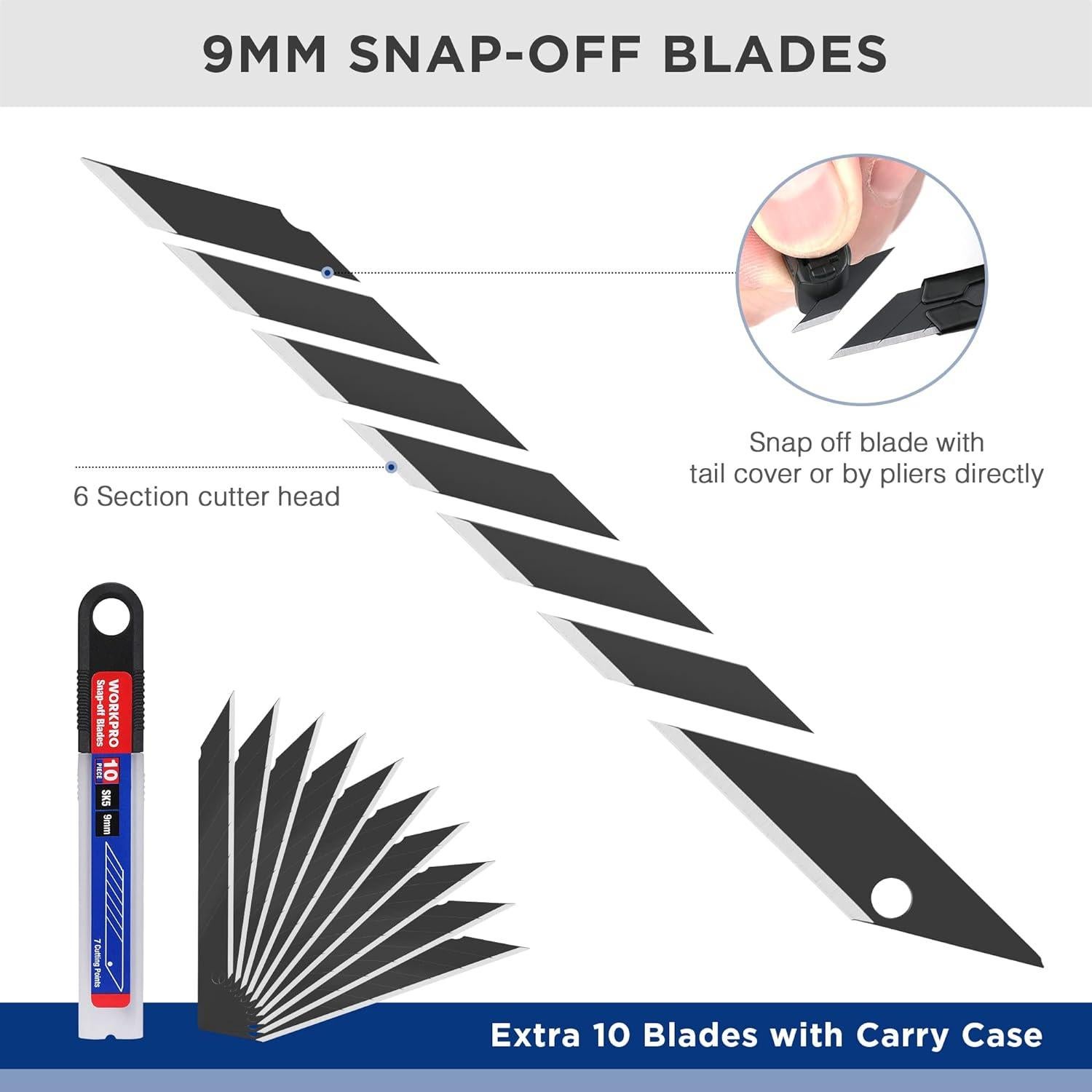 Cuchillo Utility WORKPRO Retráctil con 10 Hojas Extra - Set de 5