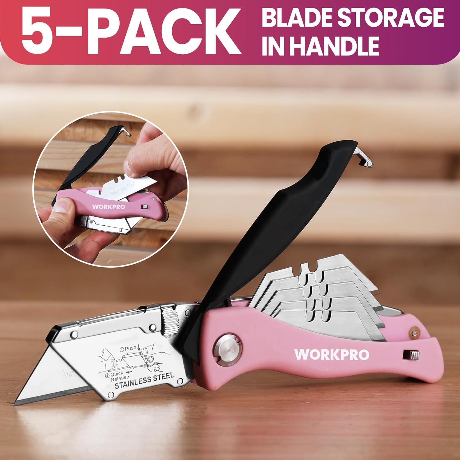 Cuchillo Utilitario Plegable WORKPRO Rosa con 15 Cuchillas