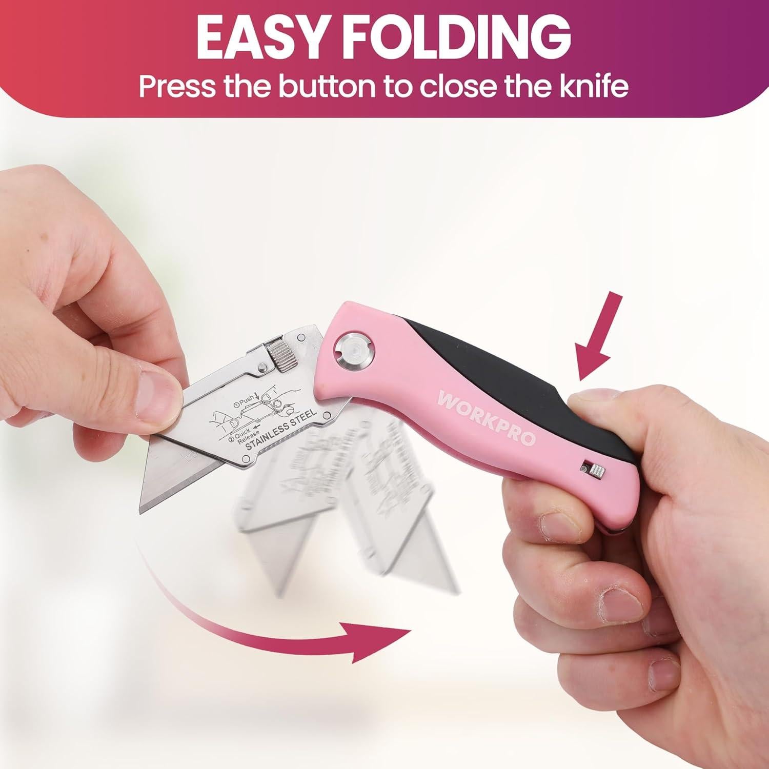 Cuchillo Utilitario Plegable WORKPRO Rosa con 15 Cuchillas