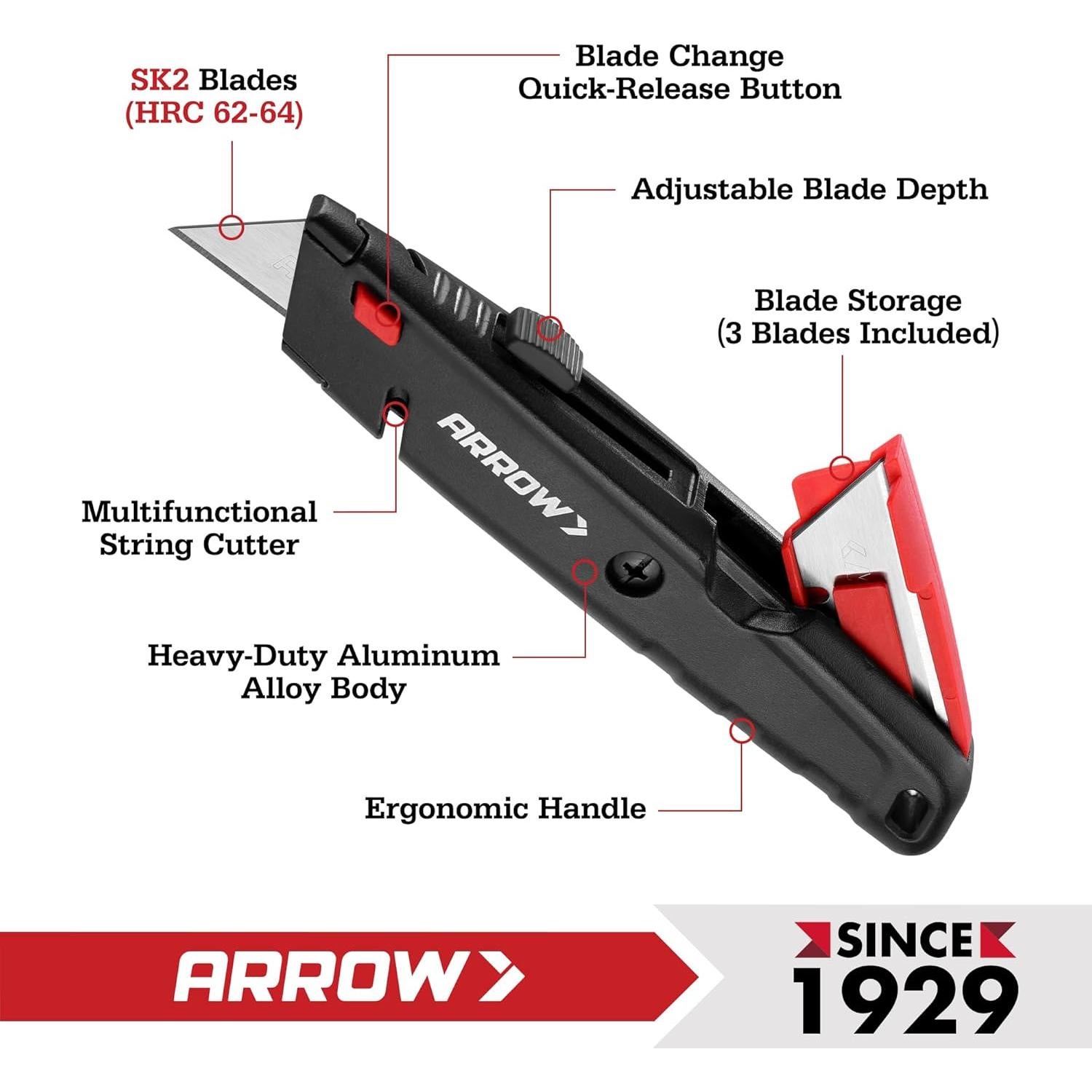 Cortador de Caja Retráctil Arrow AHT01013A, Aluminio, 3 Cuchillas SK2