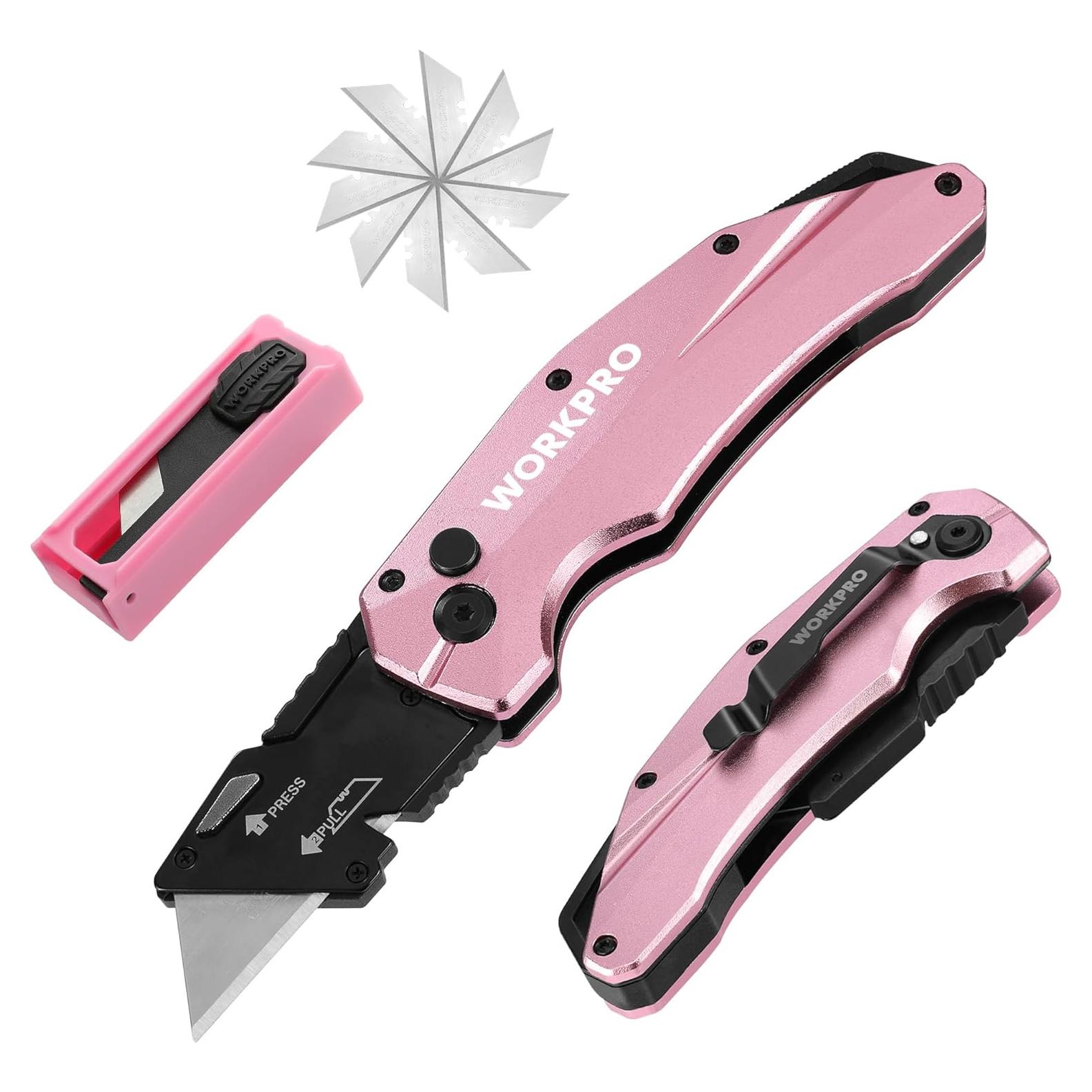 WORKPRO Folding Utility Knife, Quick Change SK5 Pink Box Cutter, Aluminum Handle Razor Knife for Boxes, Cartons, Cardboard, 10 Extra Blades Included - Pink Ribbon