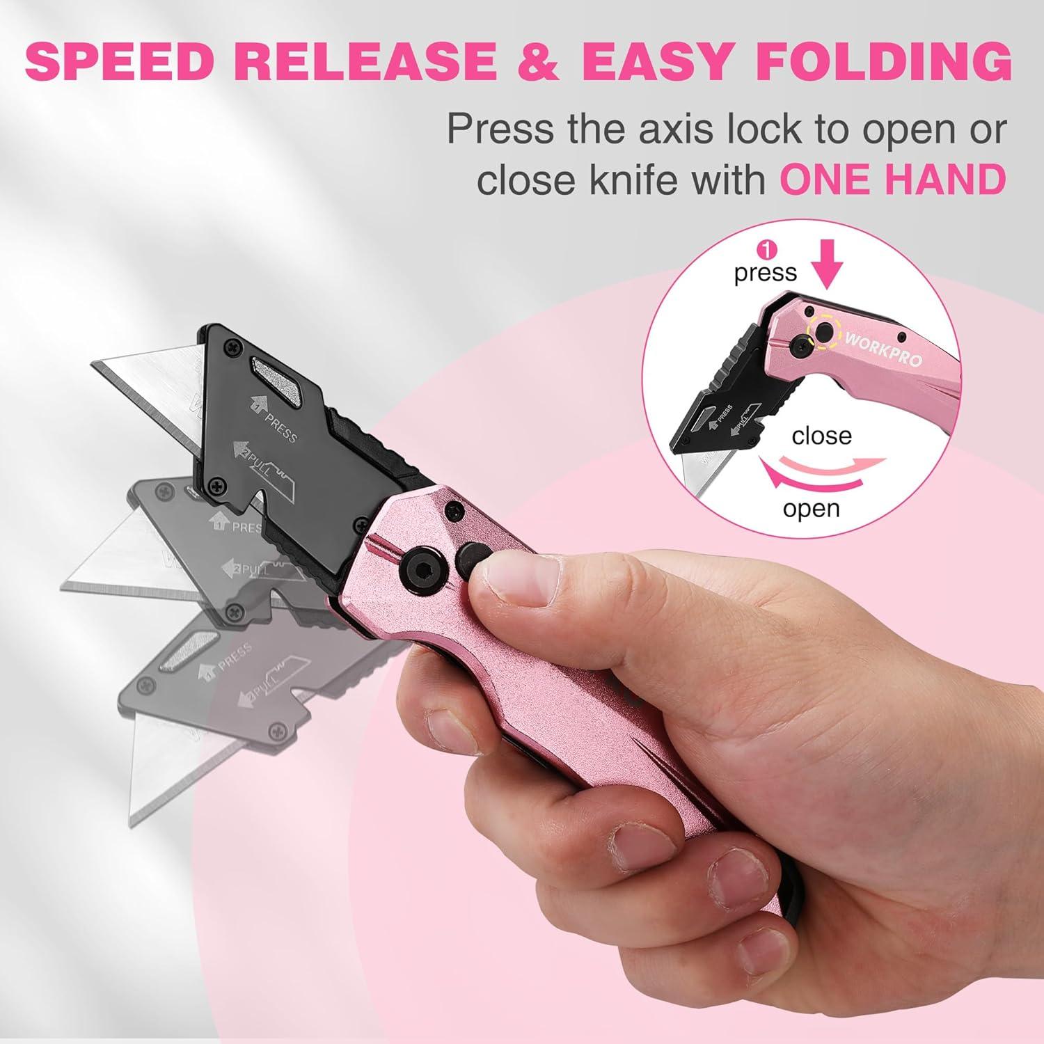 WORKPRO Folding Utility Knife, Quick Change SK5 Pink Box Cutter, Aluminum Handle Razor Knife for Boxes, Cartons, Cardboard, 10 Extra Blades Included - Pink Ribbon