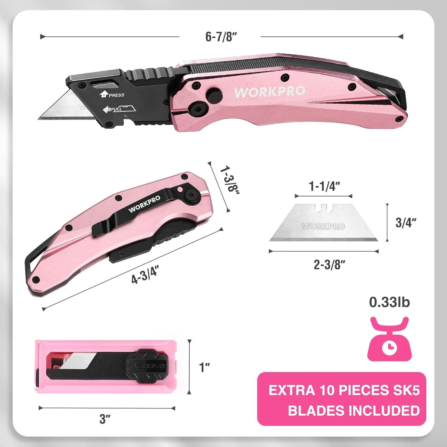 WORKPRO Folding Utility Knife, Quick Change SK5 Pink Box Cutter, Aluminum Handle Razor Knife for Boxes, Cartons, Cardboard, 10 Extra Blades Included - Pink Ribbon
