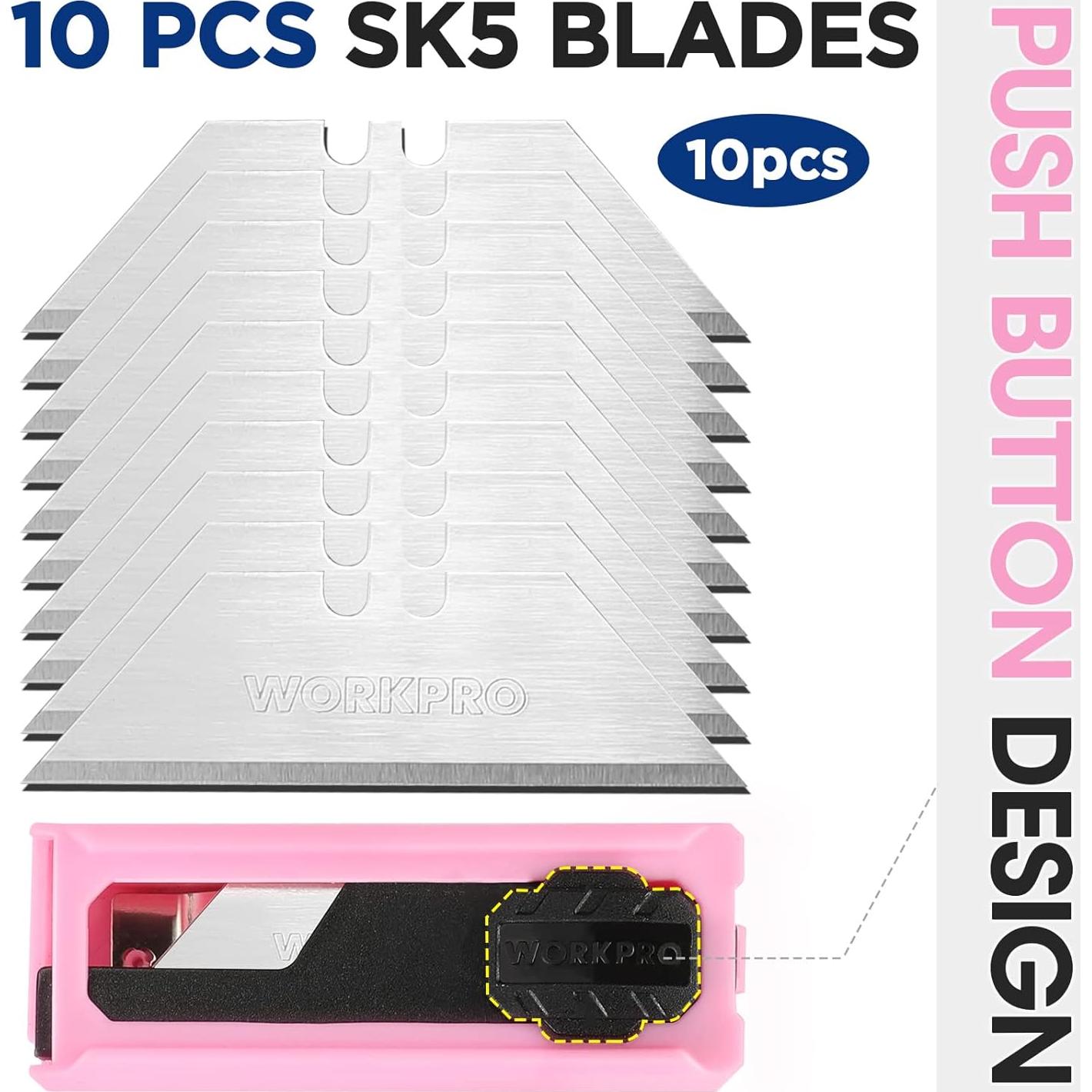WORKPRO Folding Utility Knife, Quick Change SK5 Pink Box Cutter, Aluminum Handle Razor Knife for Boxes, Cartons, Cardboard, 10 Extra Blades Included - Pink Ribbon