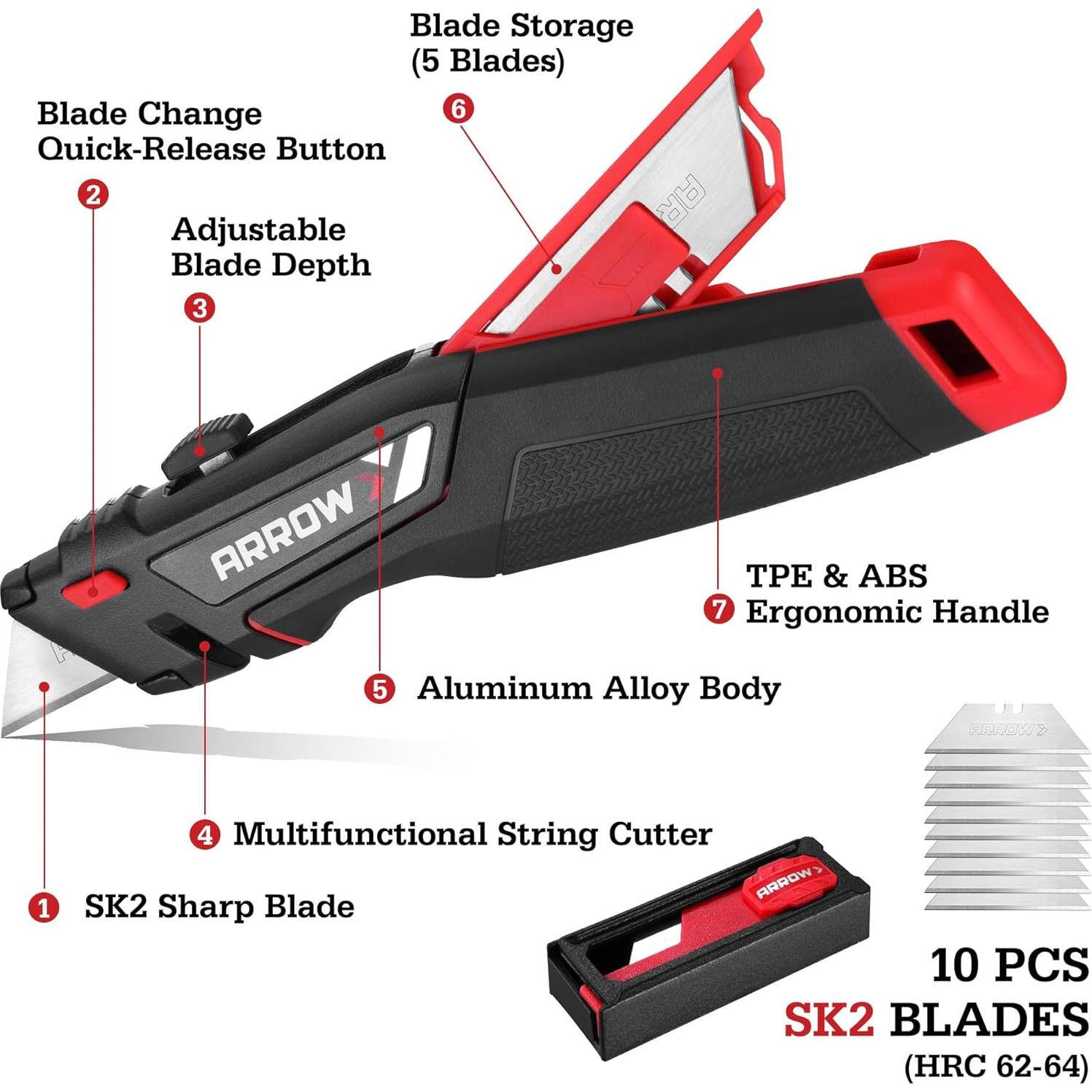 Cuchillo Utility Retráctil Arrow 18.4 cm con 16 Cuchillas