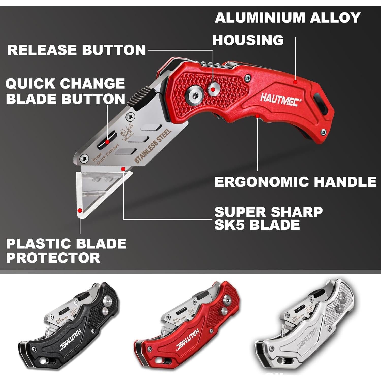 Cuchillo Utility Plegable HAUTMEC 3 Paquetes con 15 Cuchillas SK5