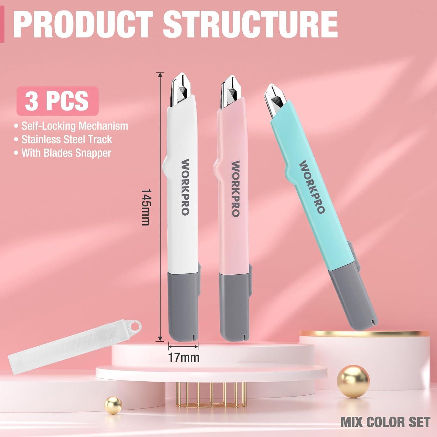 Cuchillo Utility WORKPRO Retráctil con 10 Hojas Extra 9mm