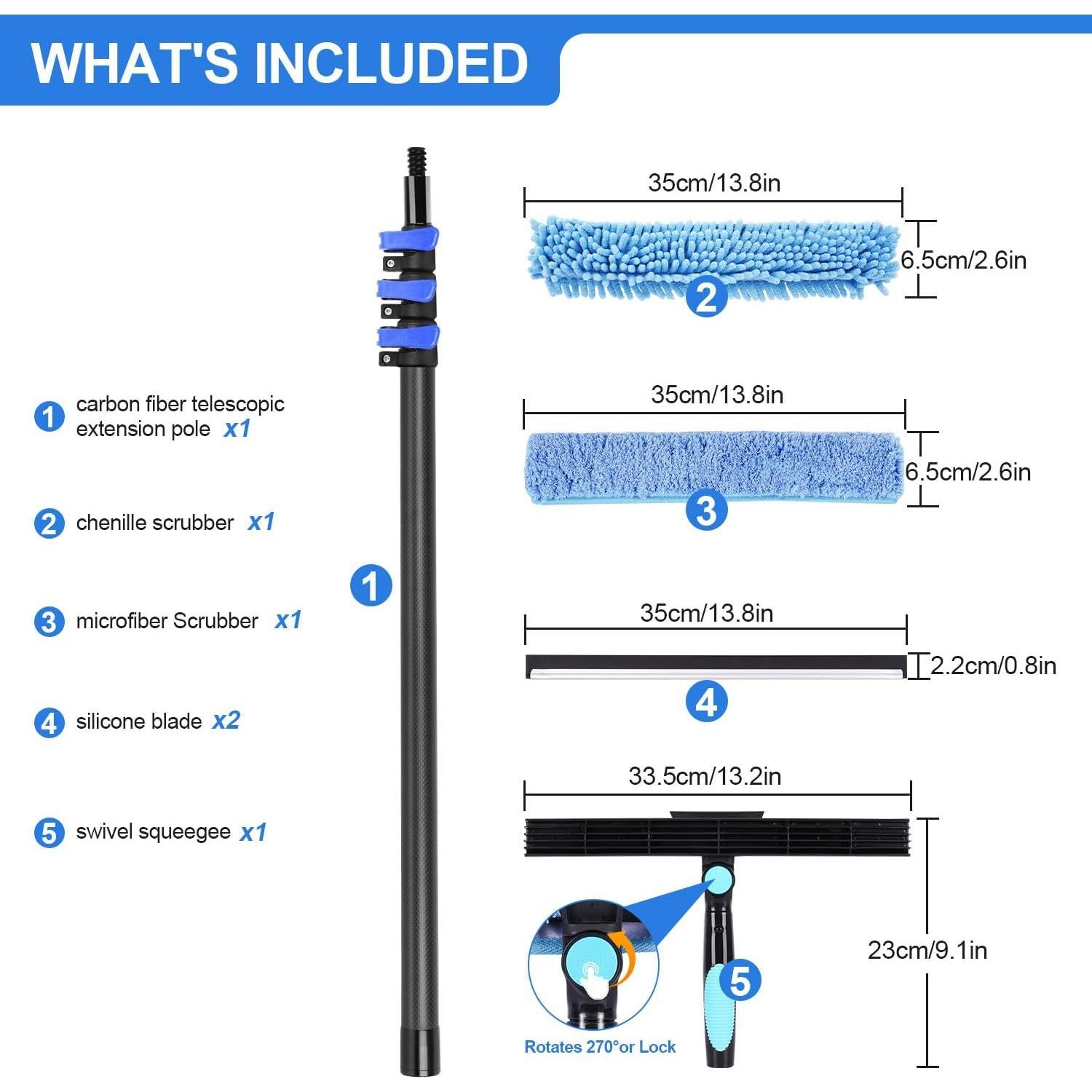 DOBEN Kit de Limpieza de Ventanas 12 Pies Fibra de Carbono Azul