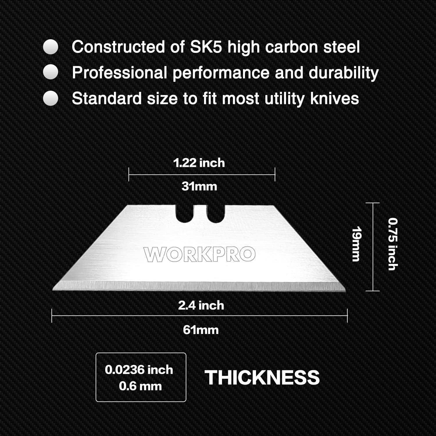 Cuchillas Utility WORKPRO 100 Piezas Acero SK5 Dispensador