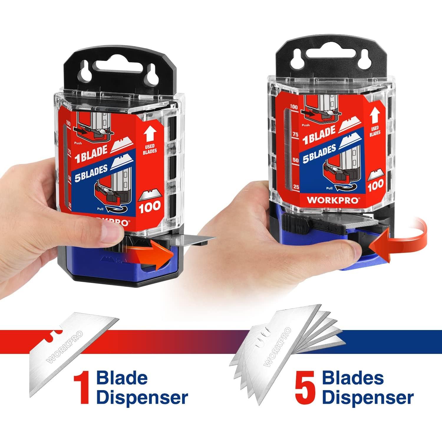 Cuchillas Utility WORKPRO 100 Piezas Acero SK5 Dispensador