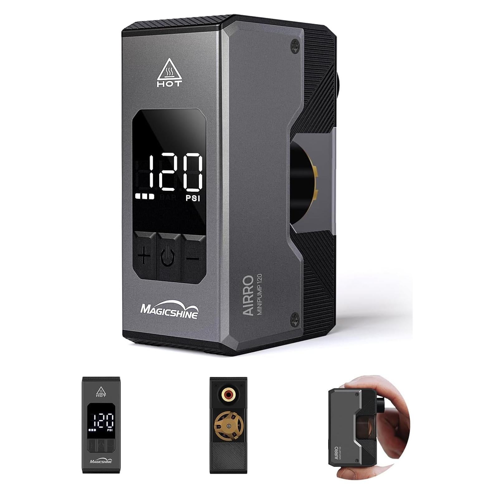 Magicshine AIRRO Mini Bike Pump, Max 120 PSI Electric Bicycle Pump, Auto Stop, with Digital Pressure Gauge with Presta and Schrader Valve for Road, Mountain, City, E-Bike and Ball