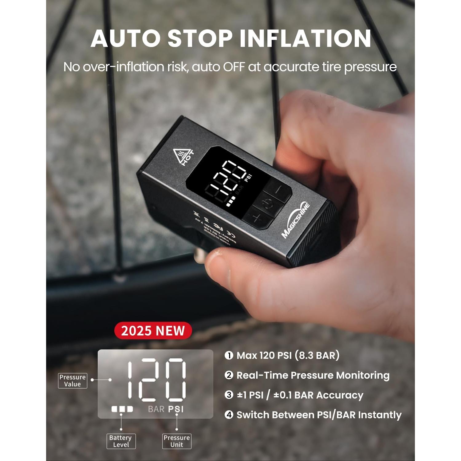 Magicshine AIRRO Mini Bike Pump, Max 120 PSI Electric Bicycle Pump, Auto Stop, with Digital Pressure Gauge with Presta and Schrader Valve for Road, Mountain, City, E-Bike and Ball