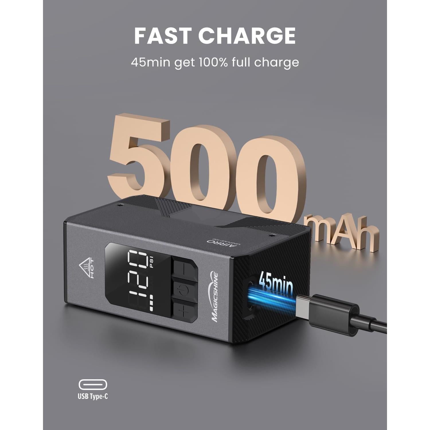 Magicshine AIRRO Mini Bike Pump, Max 120 PSI Electric Bicycle Pump, Auto Stop, with Digital Pressure Gauge with Presta and Schrader Valve for Road, Mountain, City, E-Bike and Ball