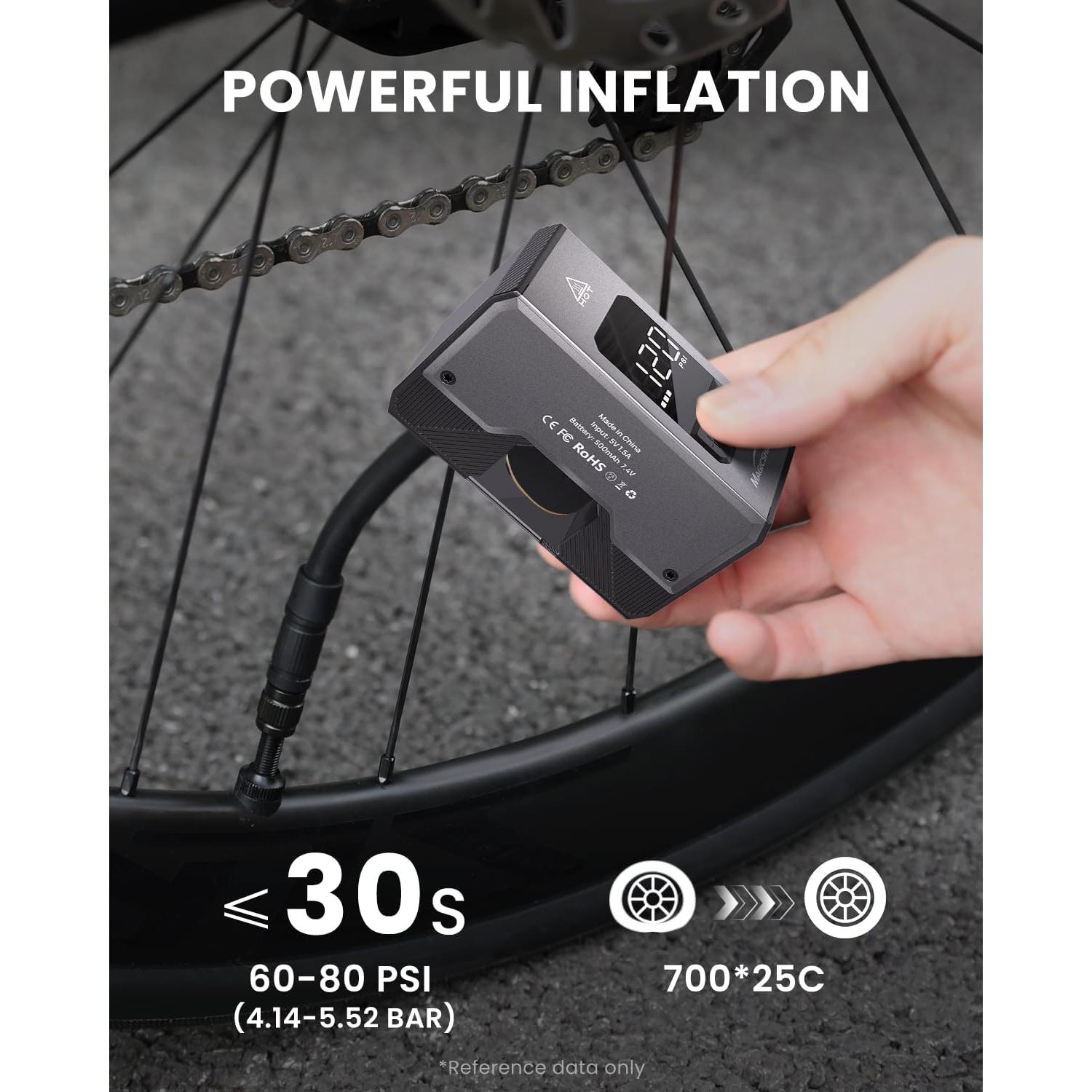 Magicshine AIRRO Mini Bike Pump, Max 120 PSI Electric Bicycle Pump, Auto Stop, with Digital Pressure Gauge with Presta and Schrader Valve for Road, Mountain, City, E-Bike and Ball