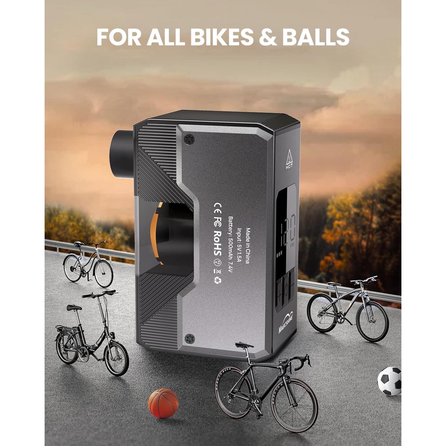 Magicshine AIRRO Mini Bike Pump, Max 120 PSI Electric Bicycle Pump, Auto Stop, with Digital Pressure Gauge with Presta and Schrader Valve for Road, Mountain, City, E-Bike and Ball