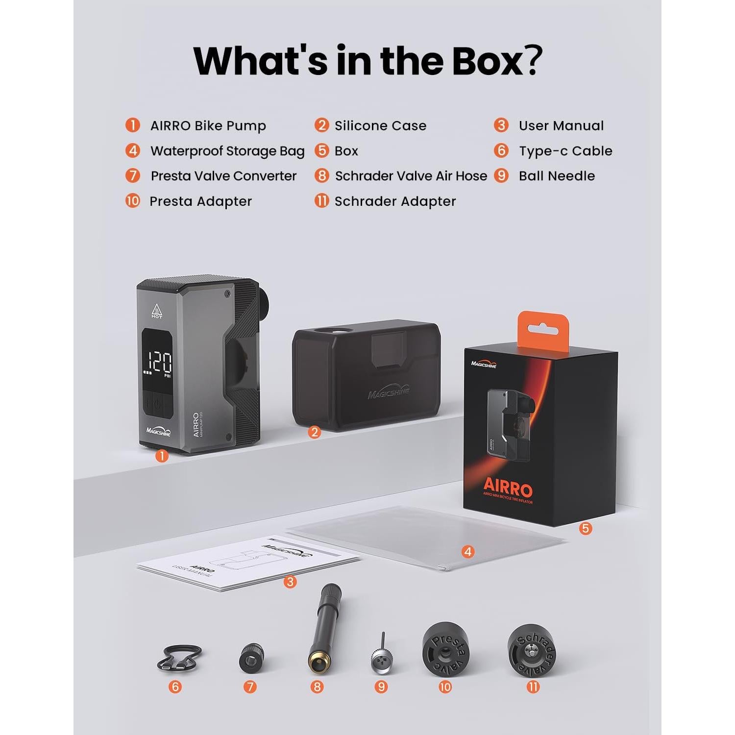 Magicshine AIRRO Mini Bike Pump, Max 120 PSI Electric Bicycle Pump, Auto Stop, with Digital Pressure Gauge with Presta and Schrader Valve for Road, Mountain, City, E-Bike and Ball