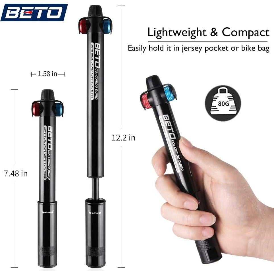 Bomba de bicicleta Beto CO2 y manual, 80g, cabezal doble