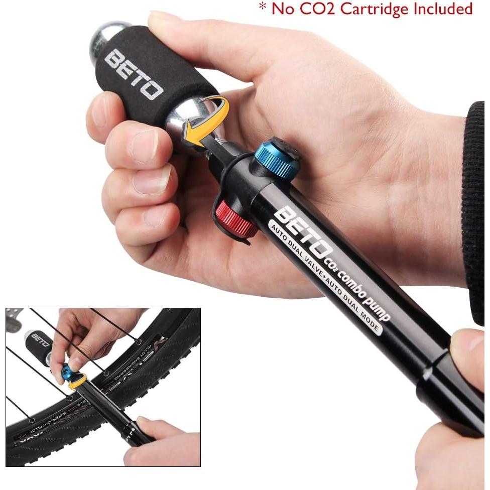 Bomba de bicicleta Beto CO2 y manual, 80g, cabezal doble
