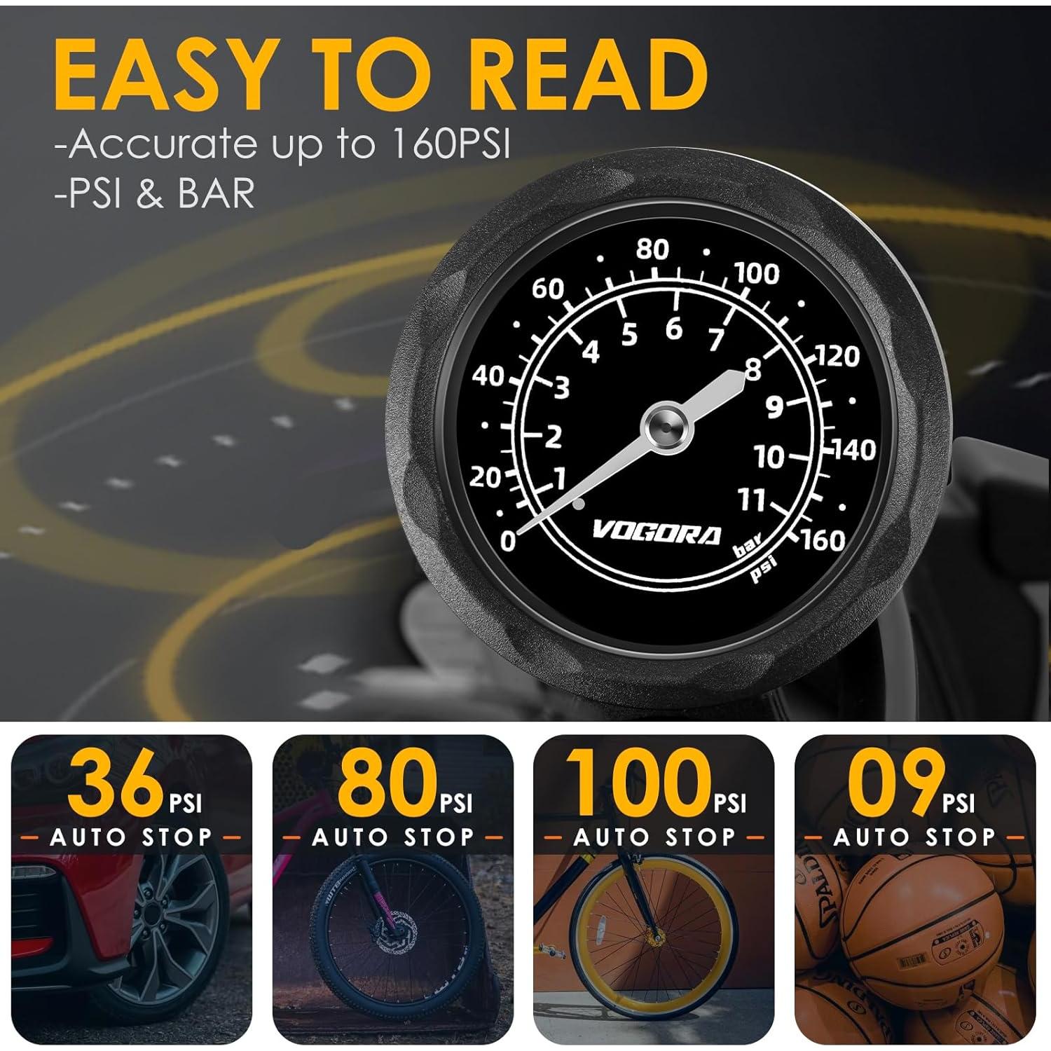 Bomba de Bicicleta VOGORA con Manómetro, Portátil, Doble Válvula