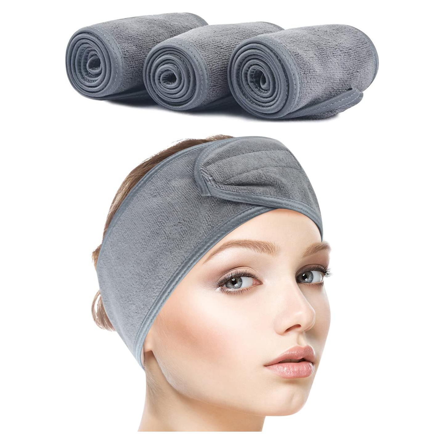 Banda de Maquillaje Ajustable Sinland 3 Unidades Microfibra Gris