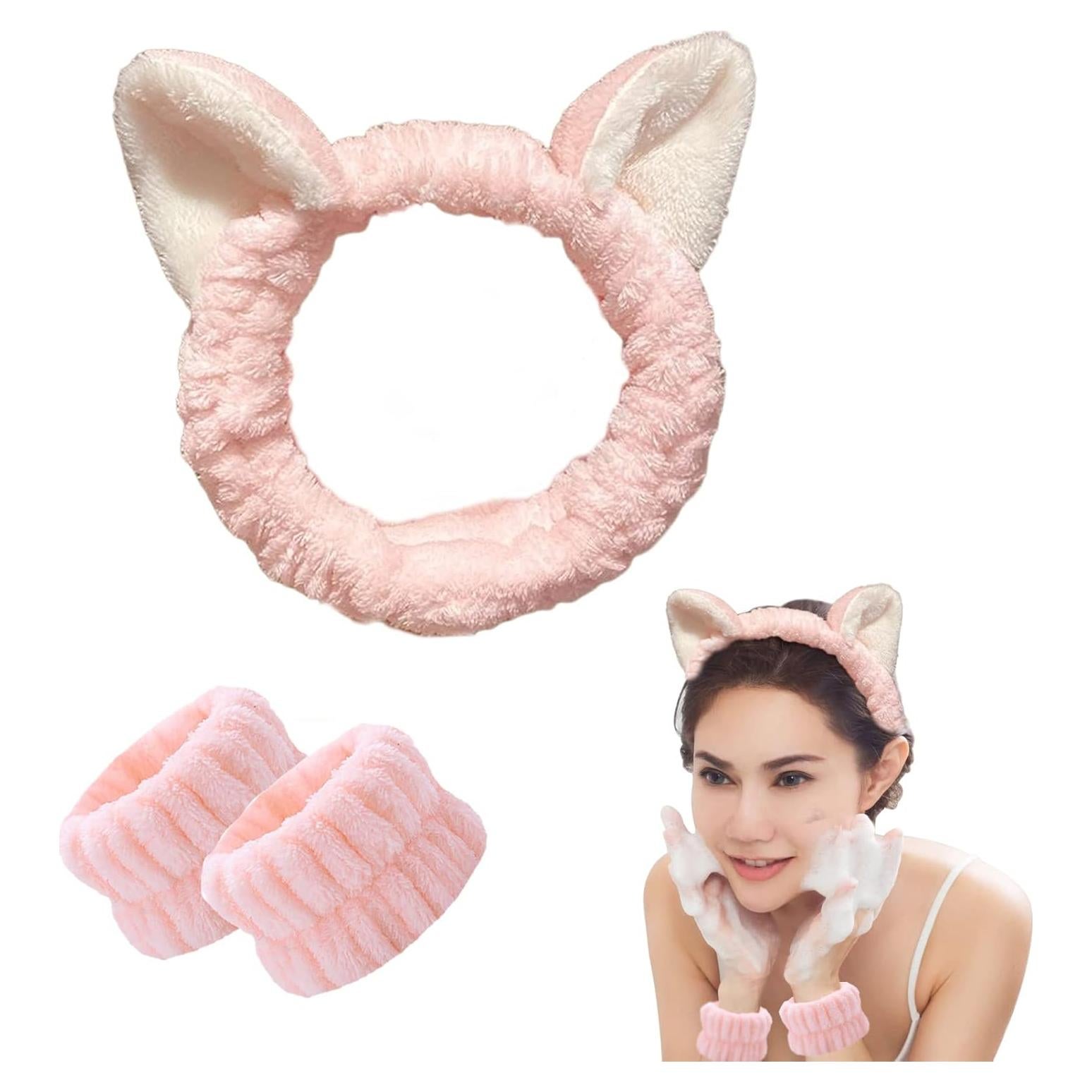 Set de Spa Rosa Heyiminy con Diademas y Muñequera de Microfibra