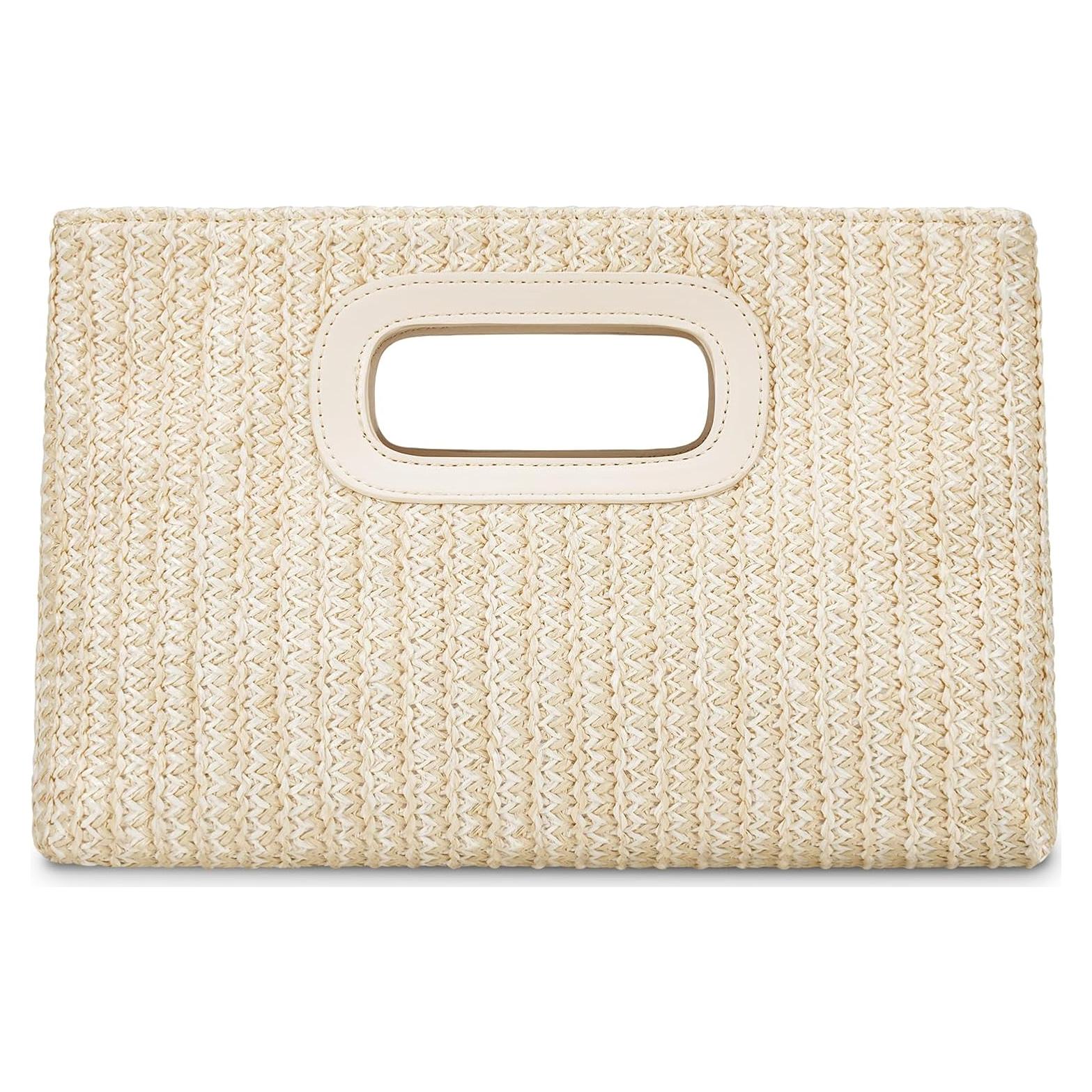Bolso de Mano de Paja Beige para Mujeres con Asa y Cadena