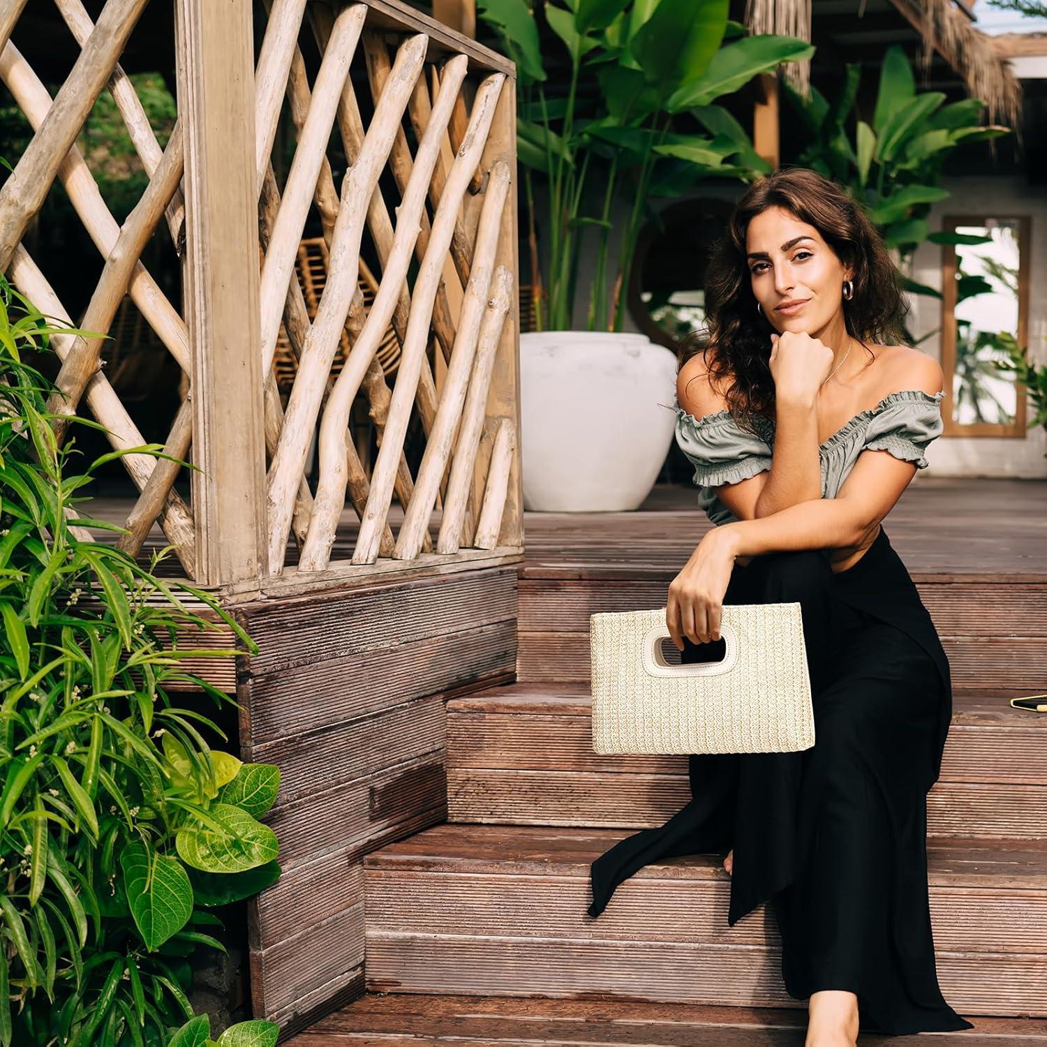 Bolso de Mano de Paja Beige para Mujeres con Asa y Cadena