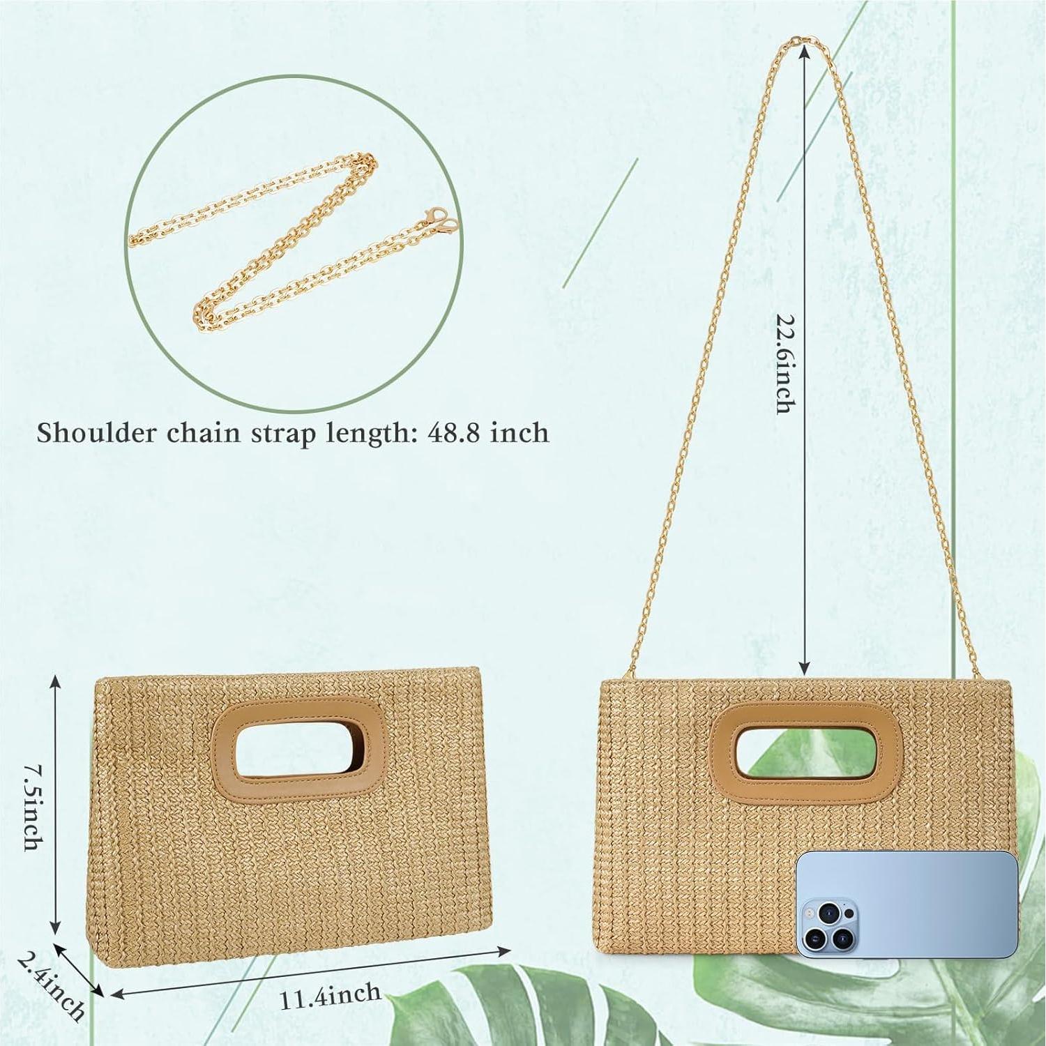 Bolso de Mano de Paja Beige para Mujeres con Asa y Cadena