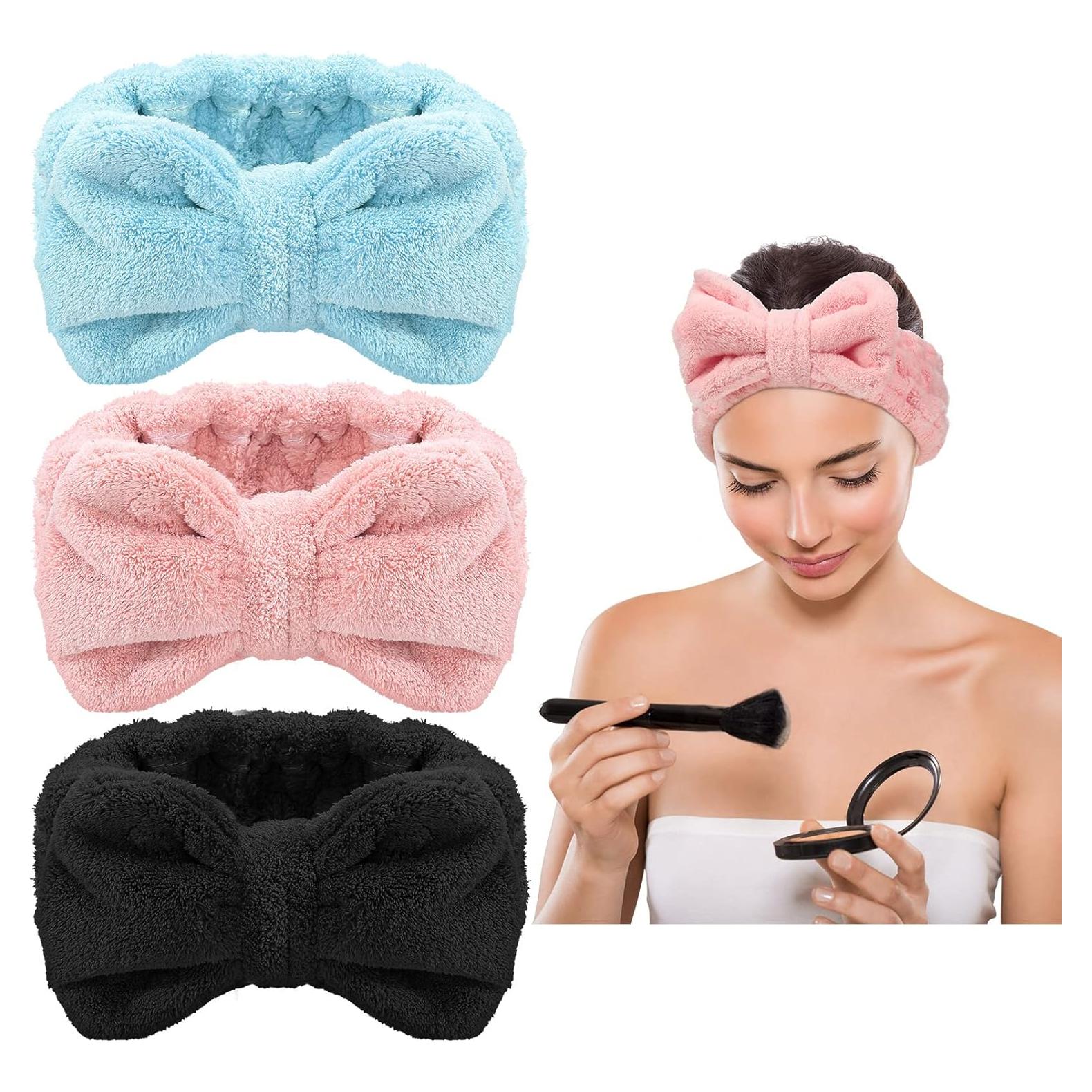 3 Diademas de Toalla Hicarer para Maquillaje y Ducha - Rosa, Azul, Negro