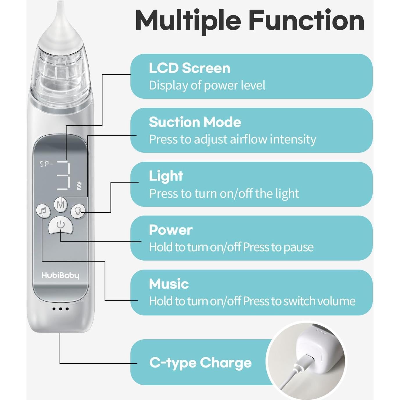 Aspirador Nasal Eléctrico HubiBaby con 3 Niveles de Succión