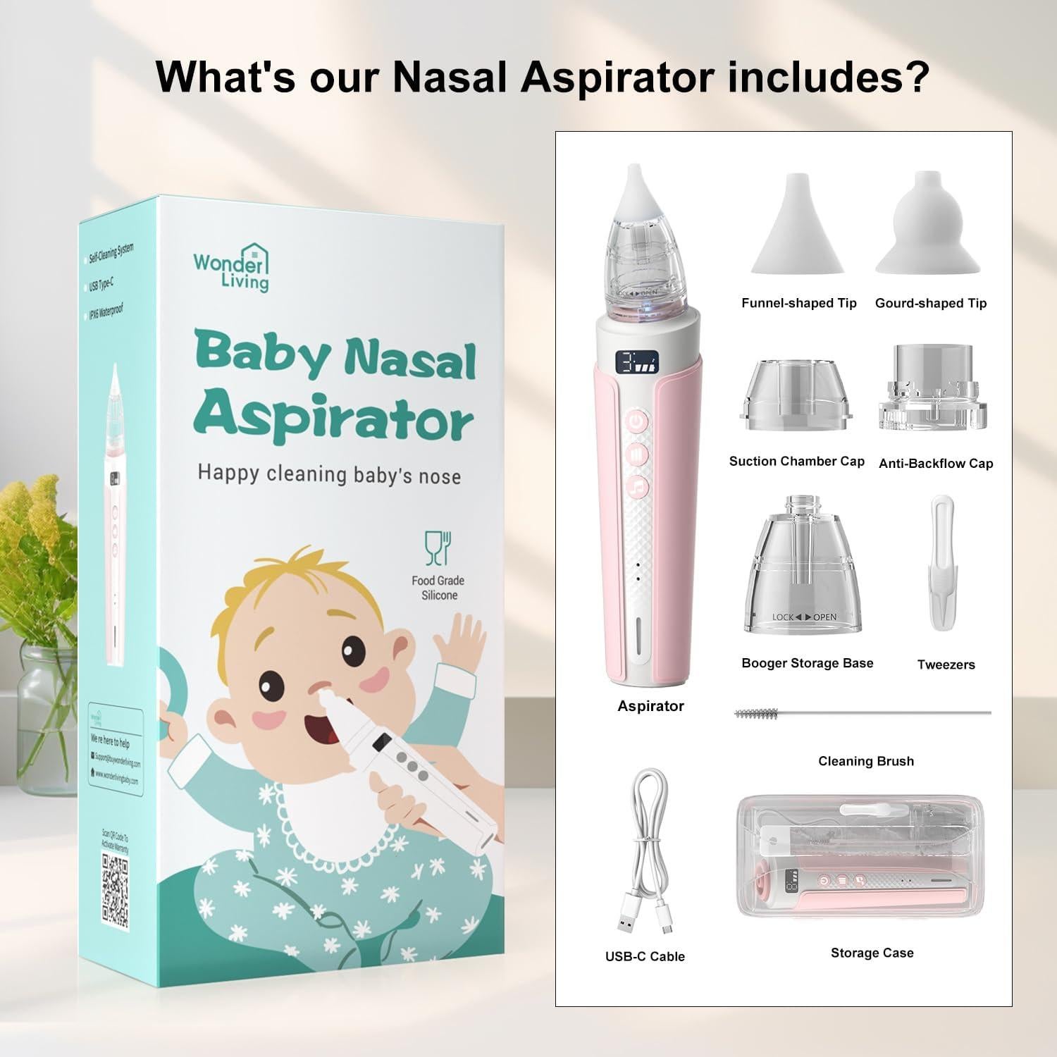 Aspirador Nasal Eléctrico Bebé Dongguan, IPX6, Autolimpiante, Rosa