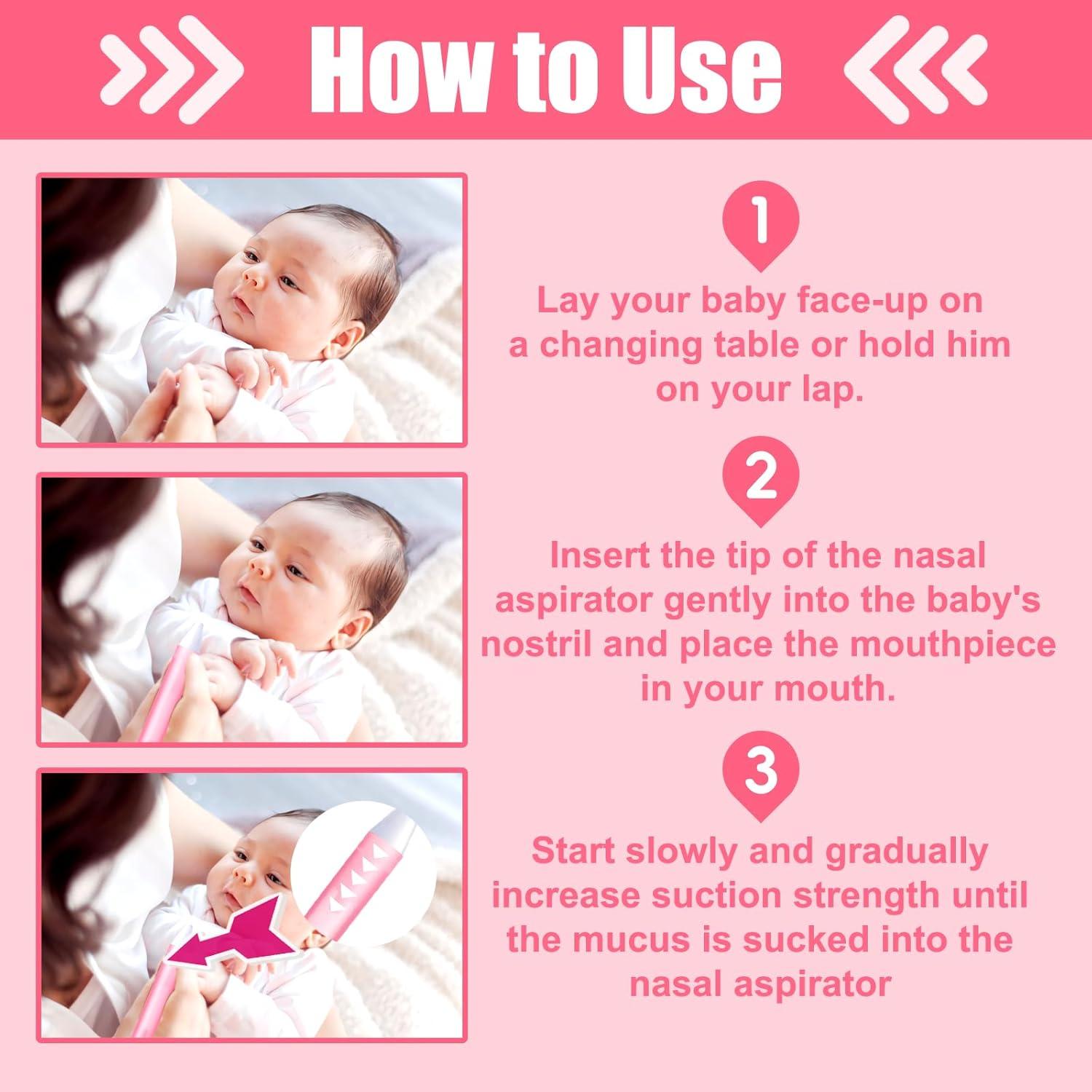 Aspirador Nasal para Bebé AINHYTR Rosa con 2 Puntas y 25 Filtros