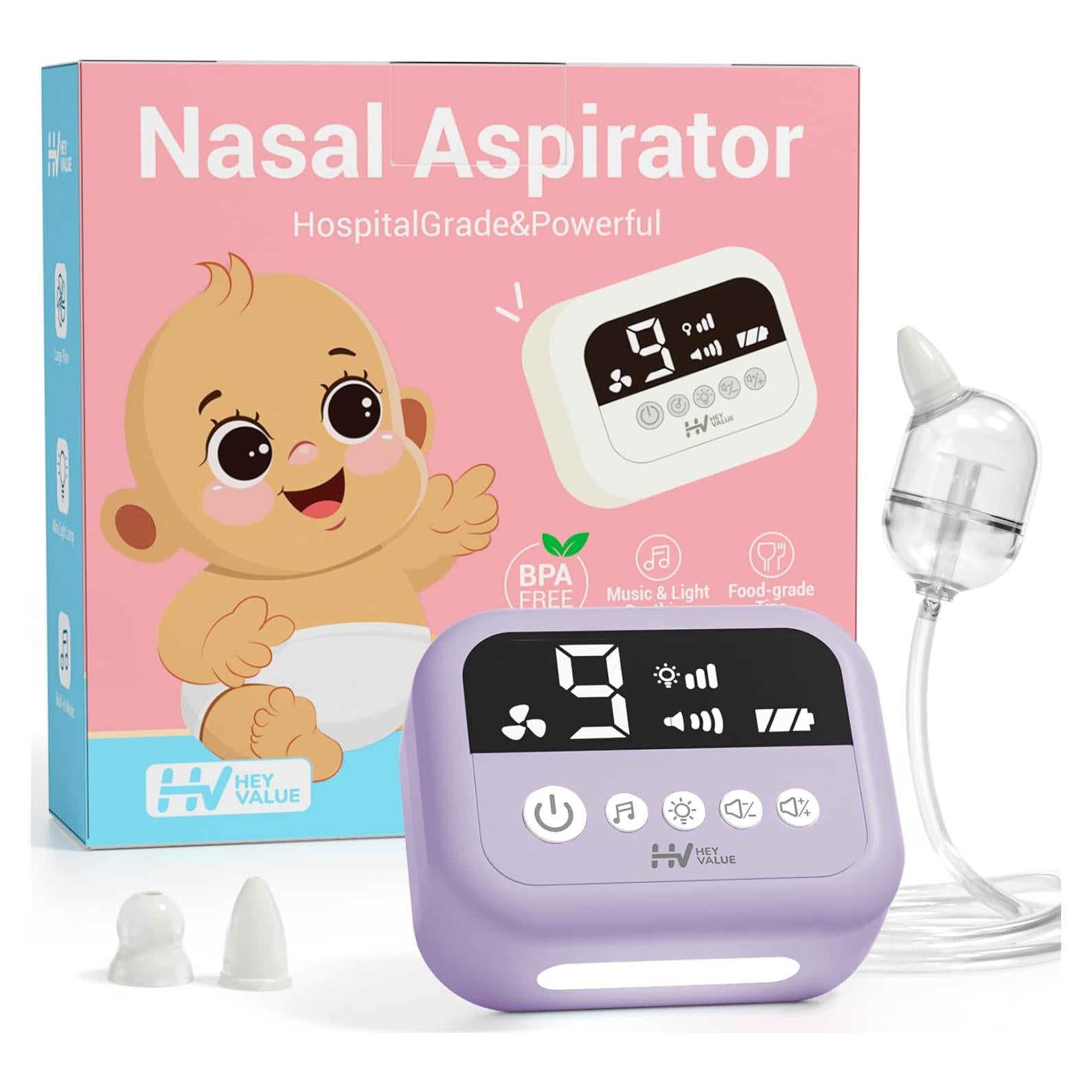Aspirador Nasal Eléctrico HEYVALUE para Bebé Morado con Luz Nocturna