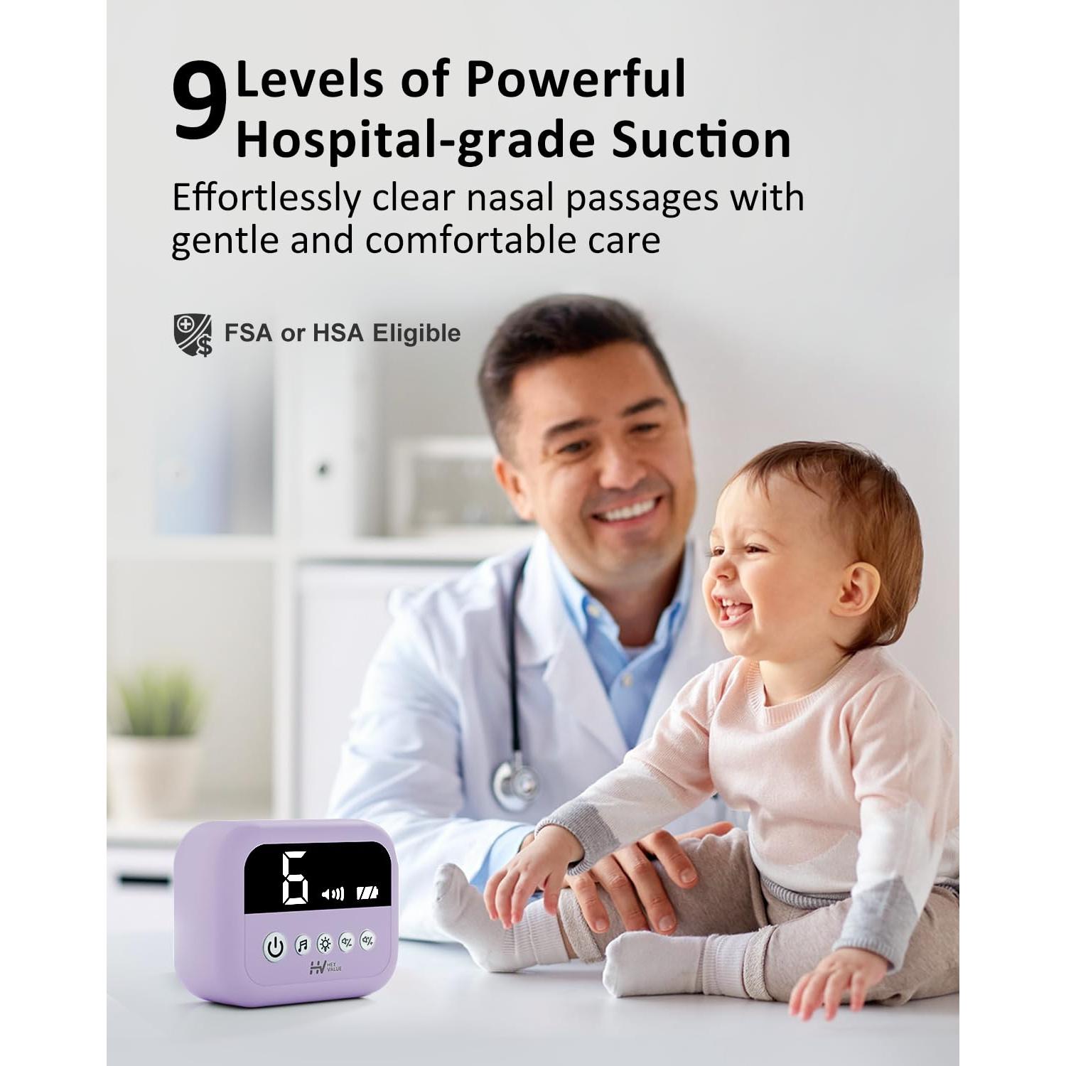 Aspirador Nasal Eléctrico HEYVALUE para Bebé Morado con Luz Nocturna