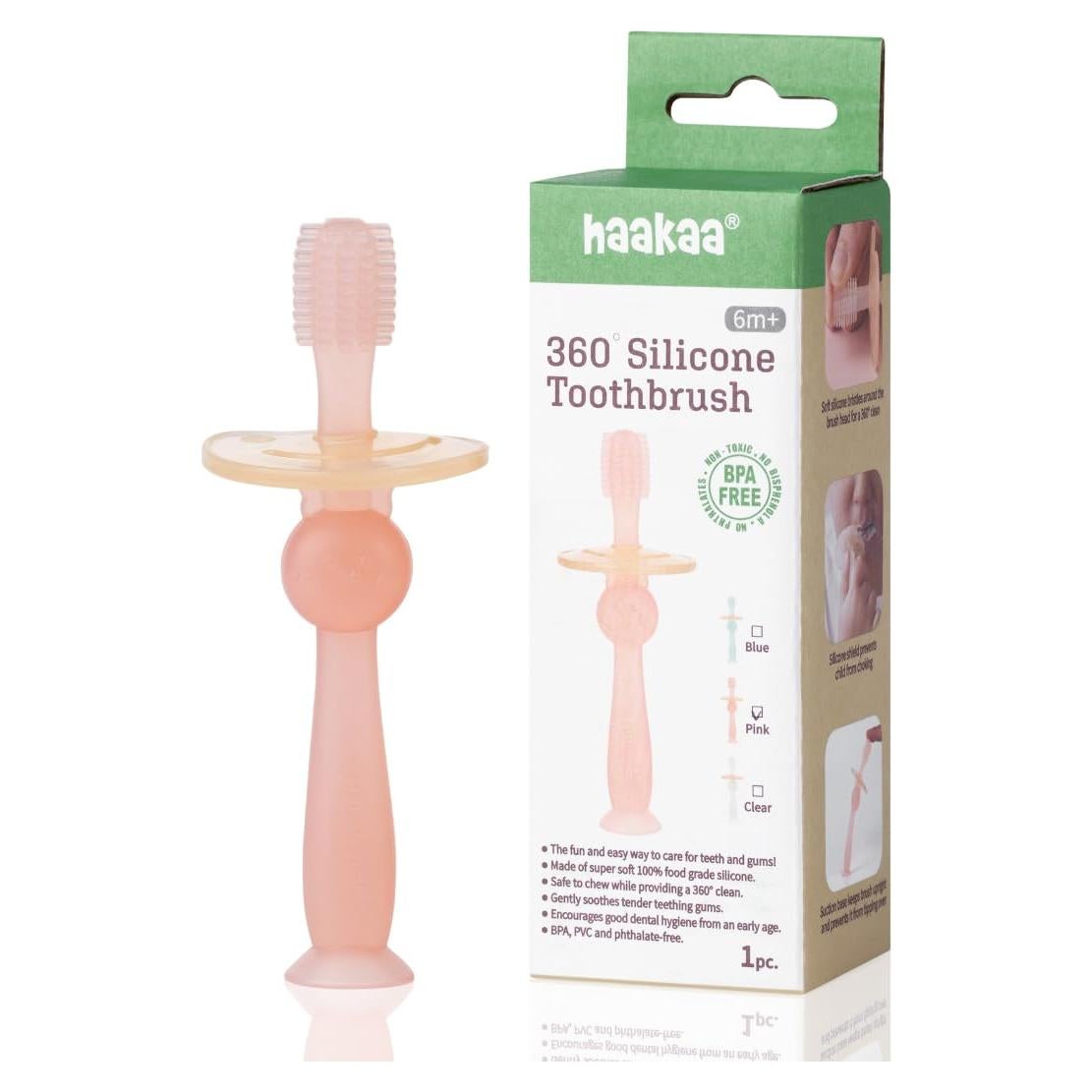 Cepillo de Dientes de Silicona Haakaa 360° Rosa - Para Bebés 6+ Meses