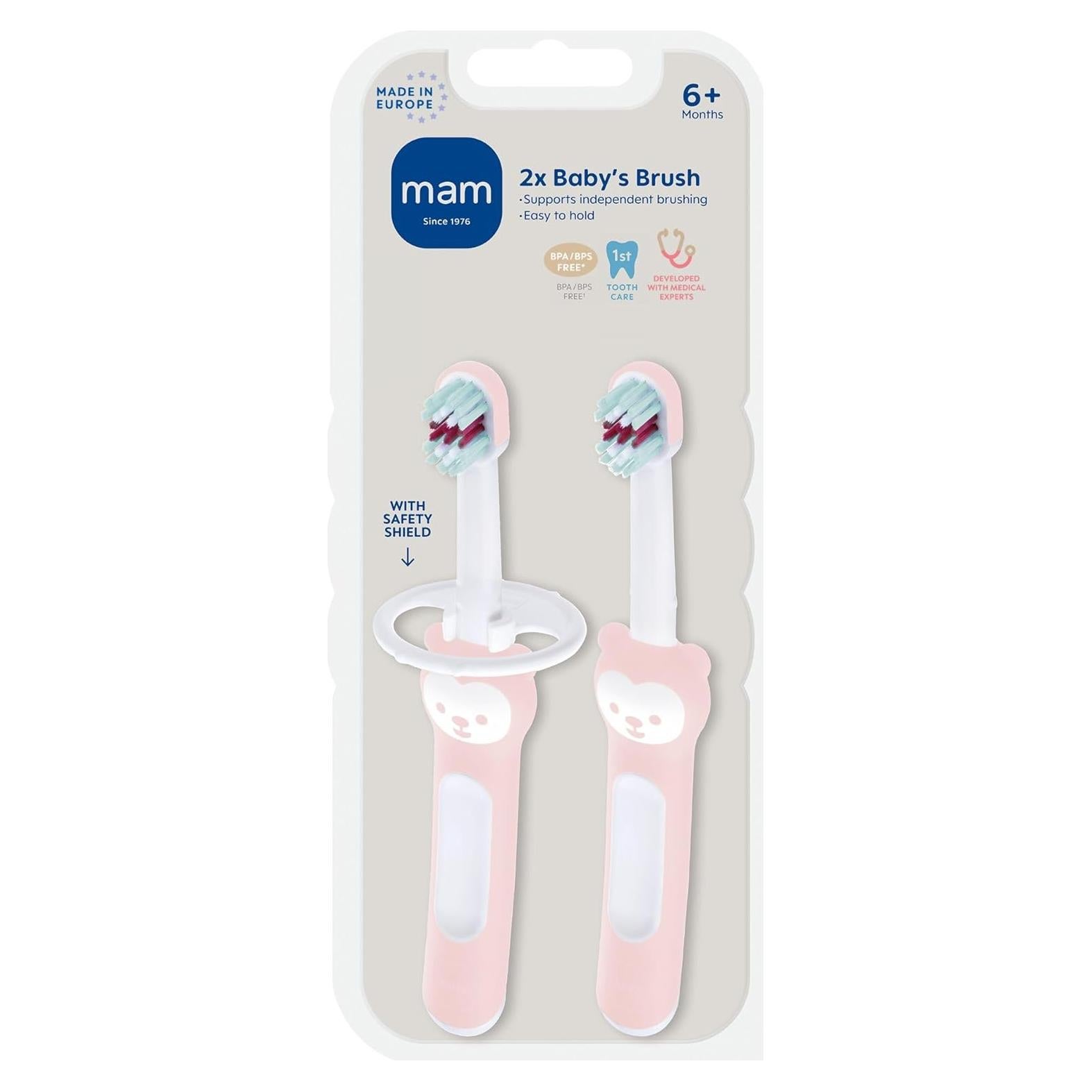 Cepillos de Dientes MAM para Bebés Rosa 6+ Meses con Escudo