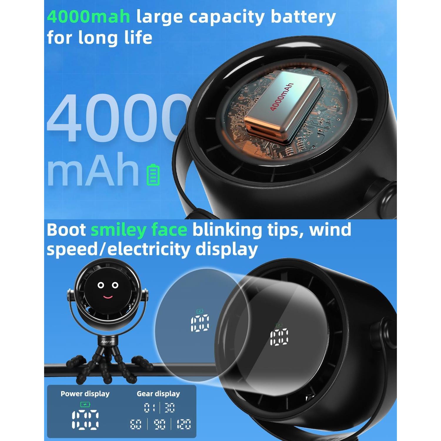 Ventilador Portátil Akejrym para Cochecito 5 Velocidades Negro