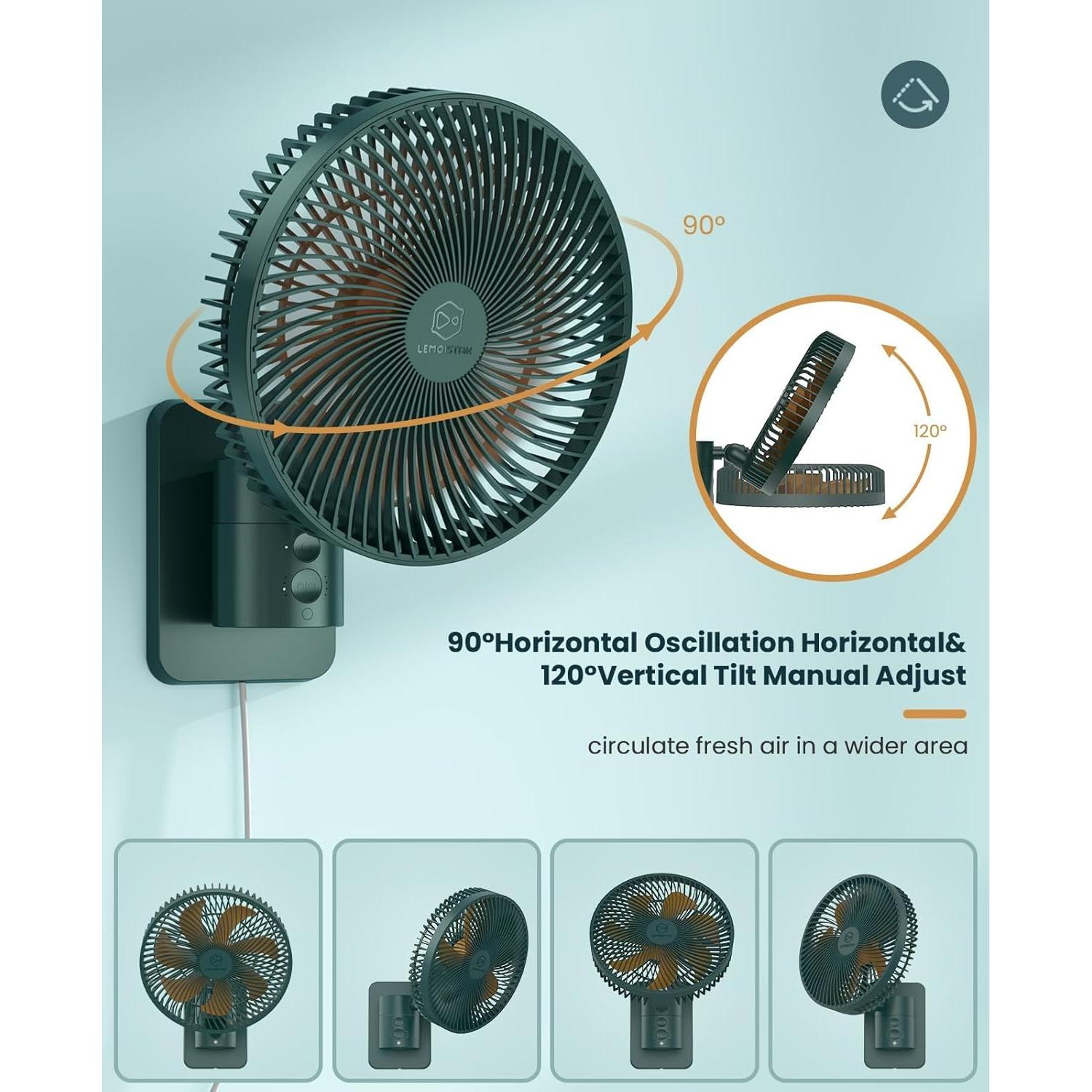 Ventilador de Pared LEMOISTAR 20 cm Oscilante 4 Velocidades