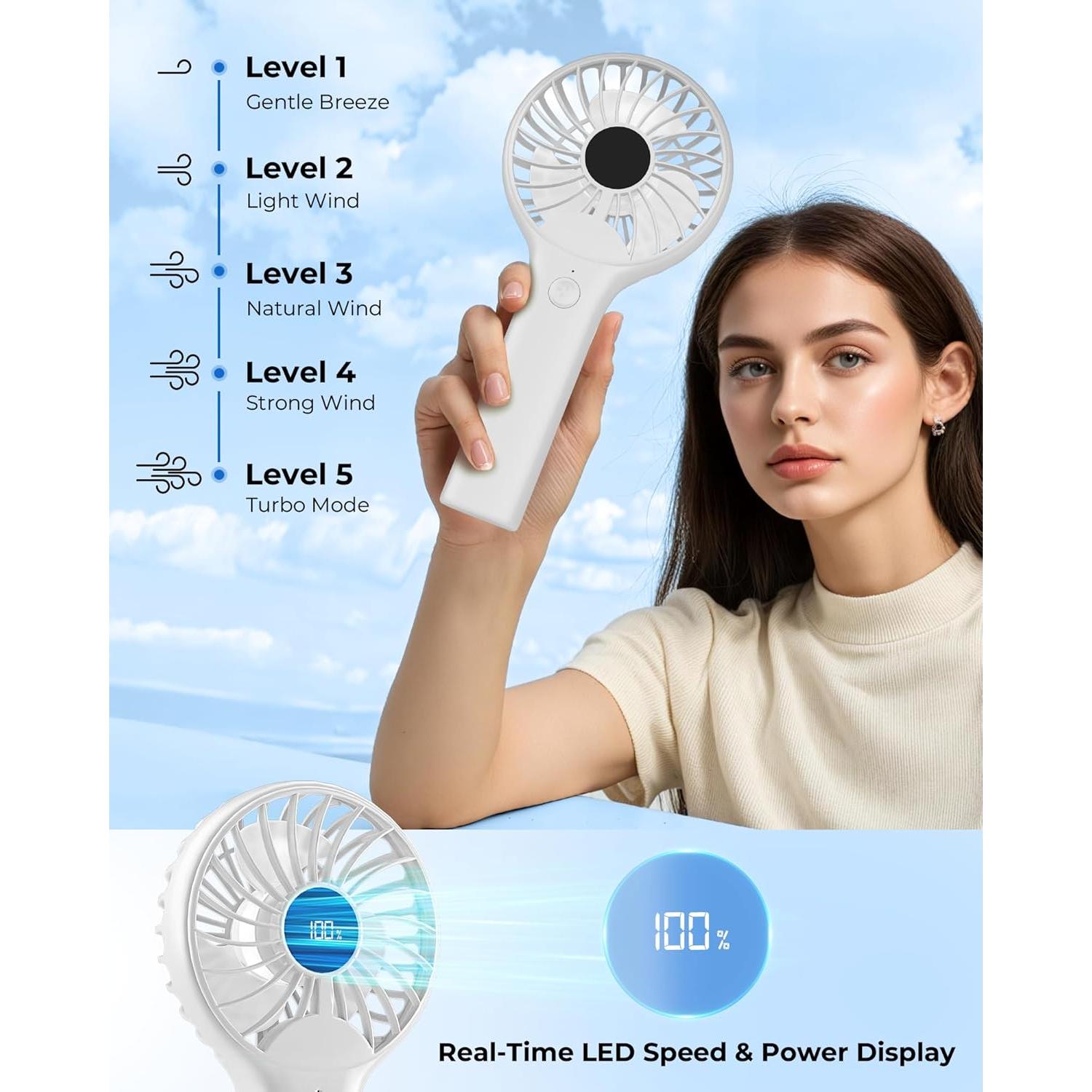 Ventilador de Mano Wegte FS110 Blanco Recargable 2000mAh 5 Velocidades