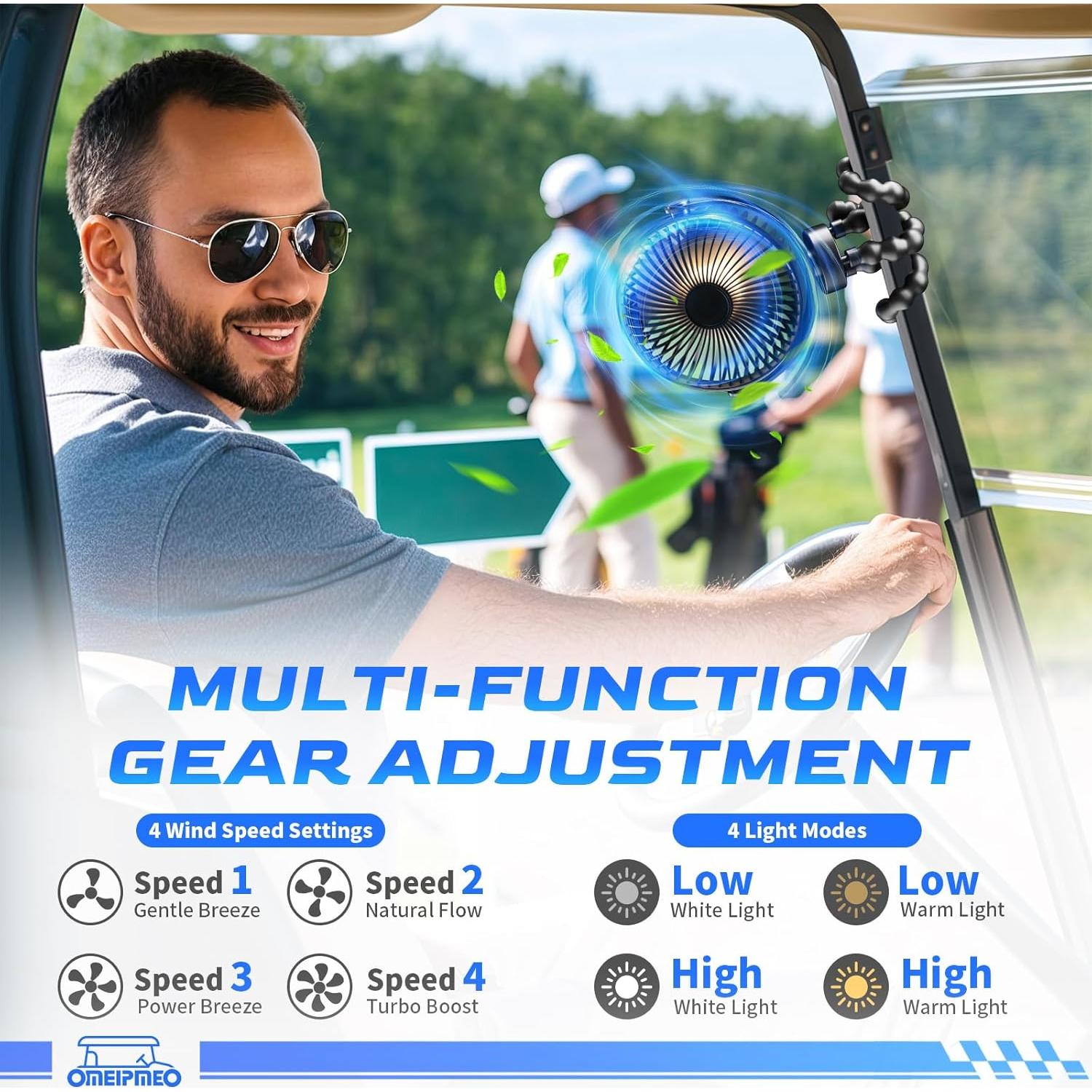 Ventilador Recargable OMEIPMEO para Carro de Golf 12000mAh