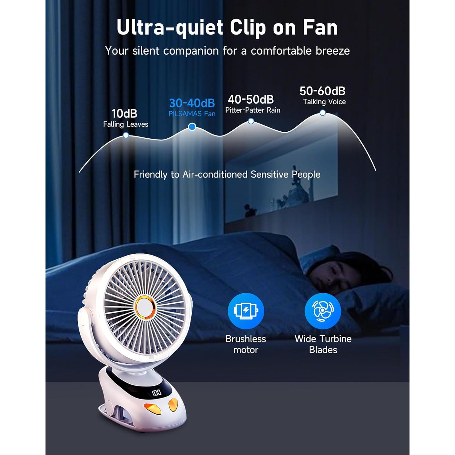 Ventilador de Clip PILSAMAS PLM-C6 con Luz LED y Batería 10000mAh