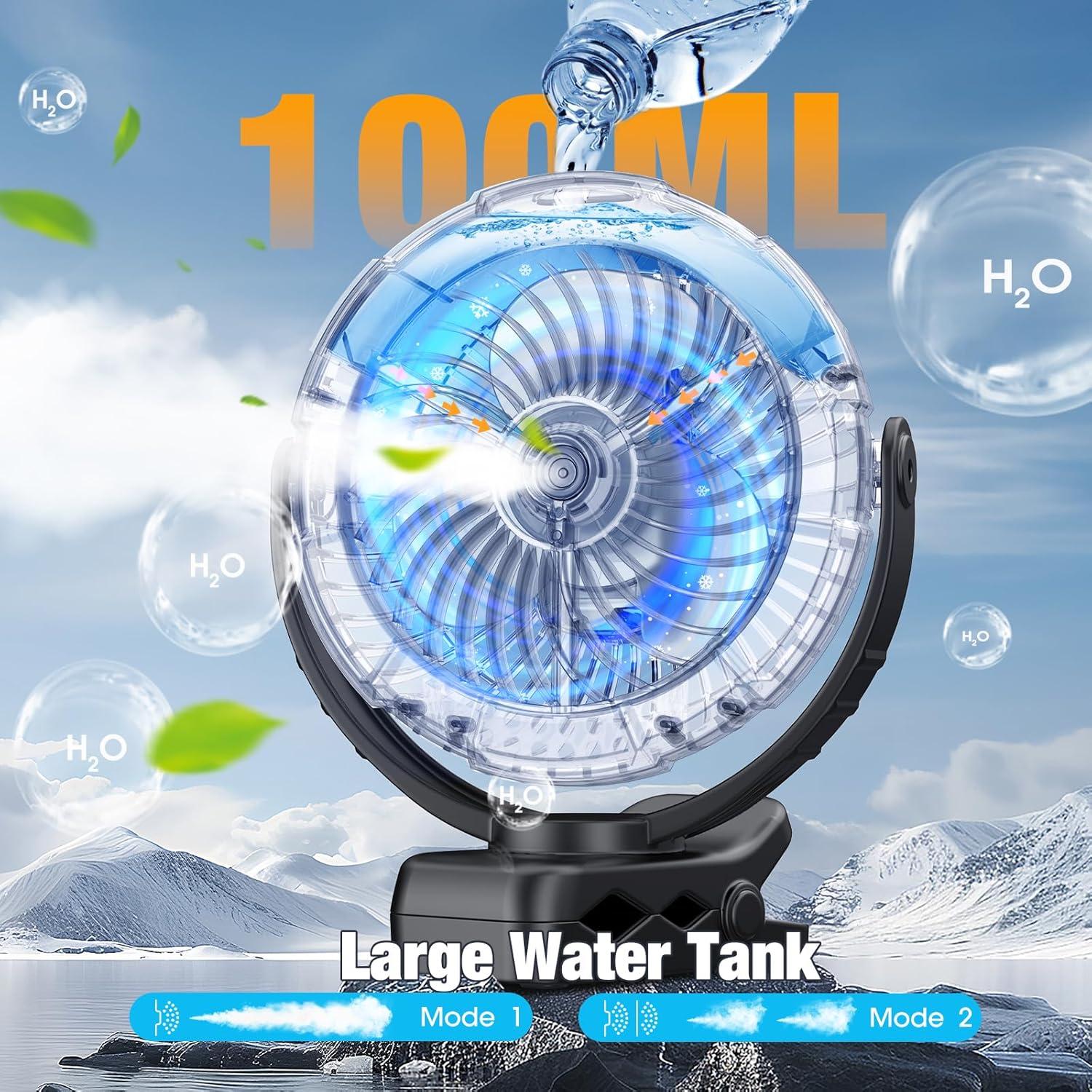 Ausic Portable Misting Clip on Fan, 100ml Camping Stroller Fan with Mist, 5200mAh Outdoor Rechargeable Battery Operated Fans, 360° Rotate Cooling Spray Fans for Travel/Home/Beach/Golf Cart