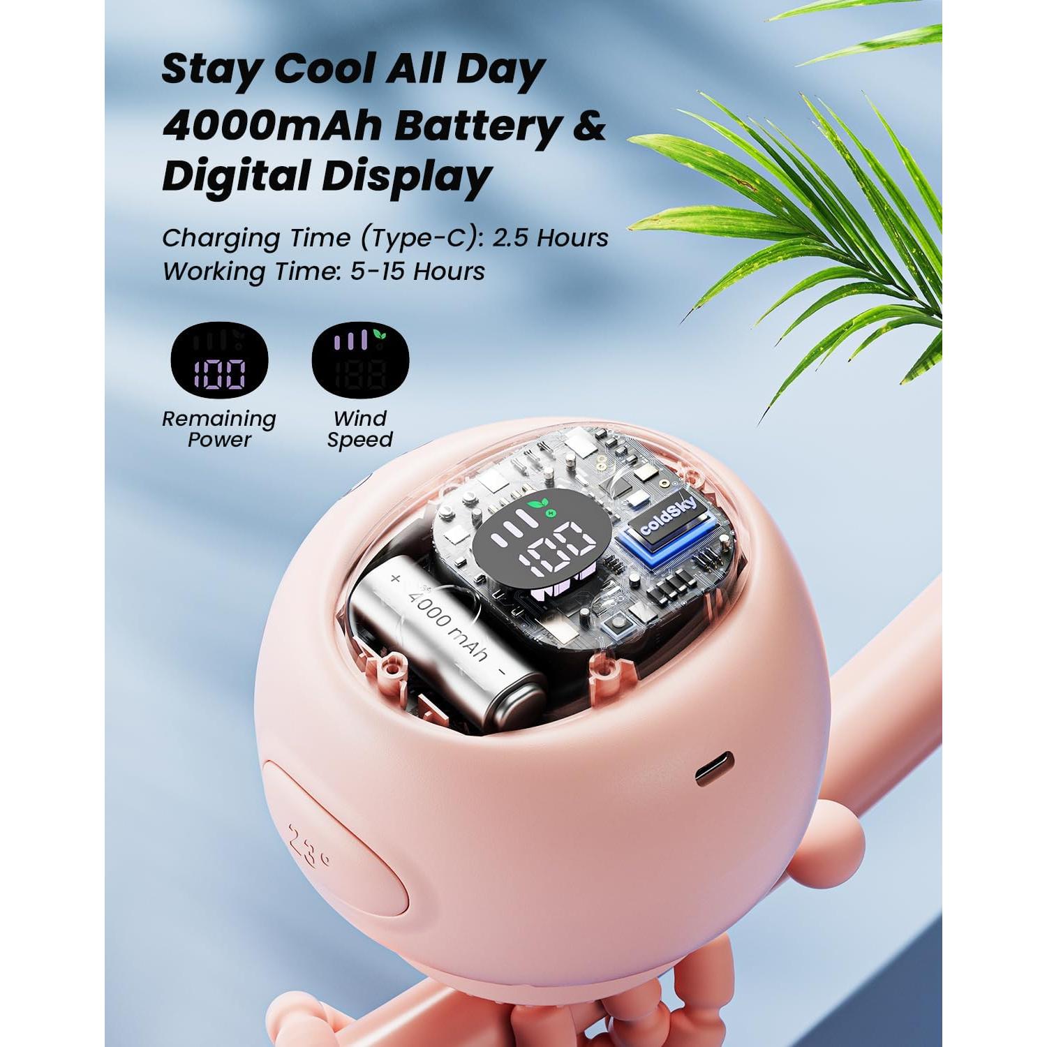 Ventilador de Coche ColdSky YE02 Rosa, Portátil 4000mAh 4 Velocidades