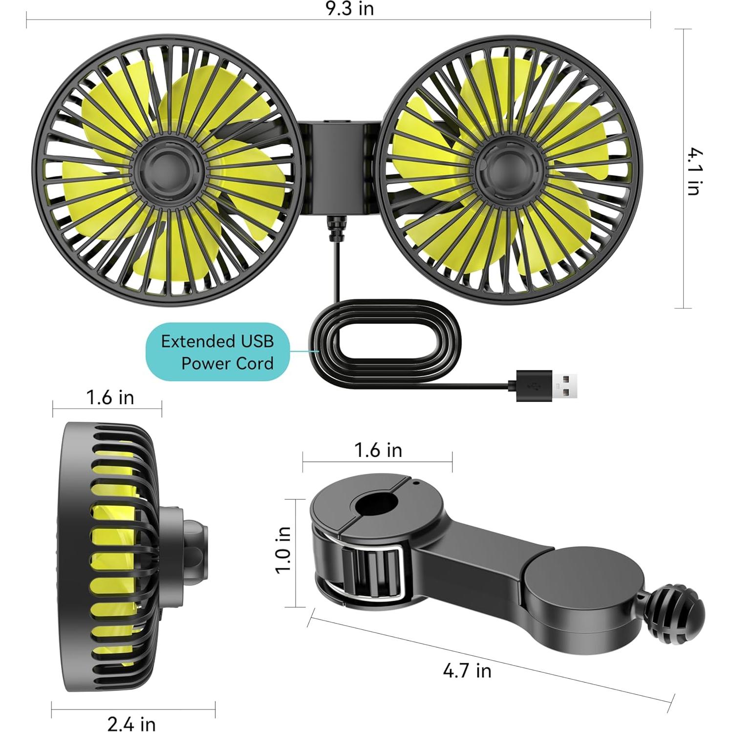 Ventilador de Coche USB Wowok Doble Cabeza 3 Velocidades 388g