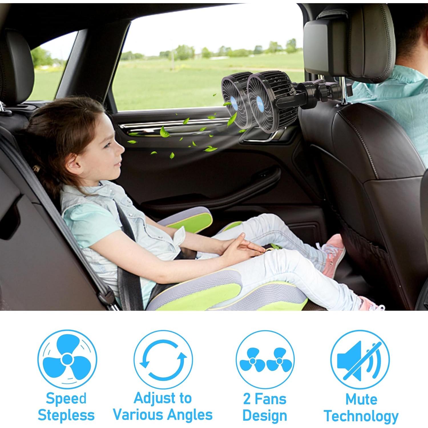 Ventilador de Coche QIFUN 12V 4" Ajustable con Soporte